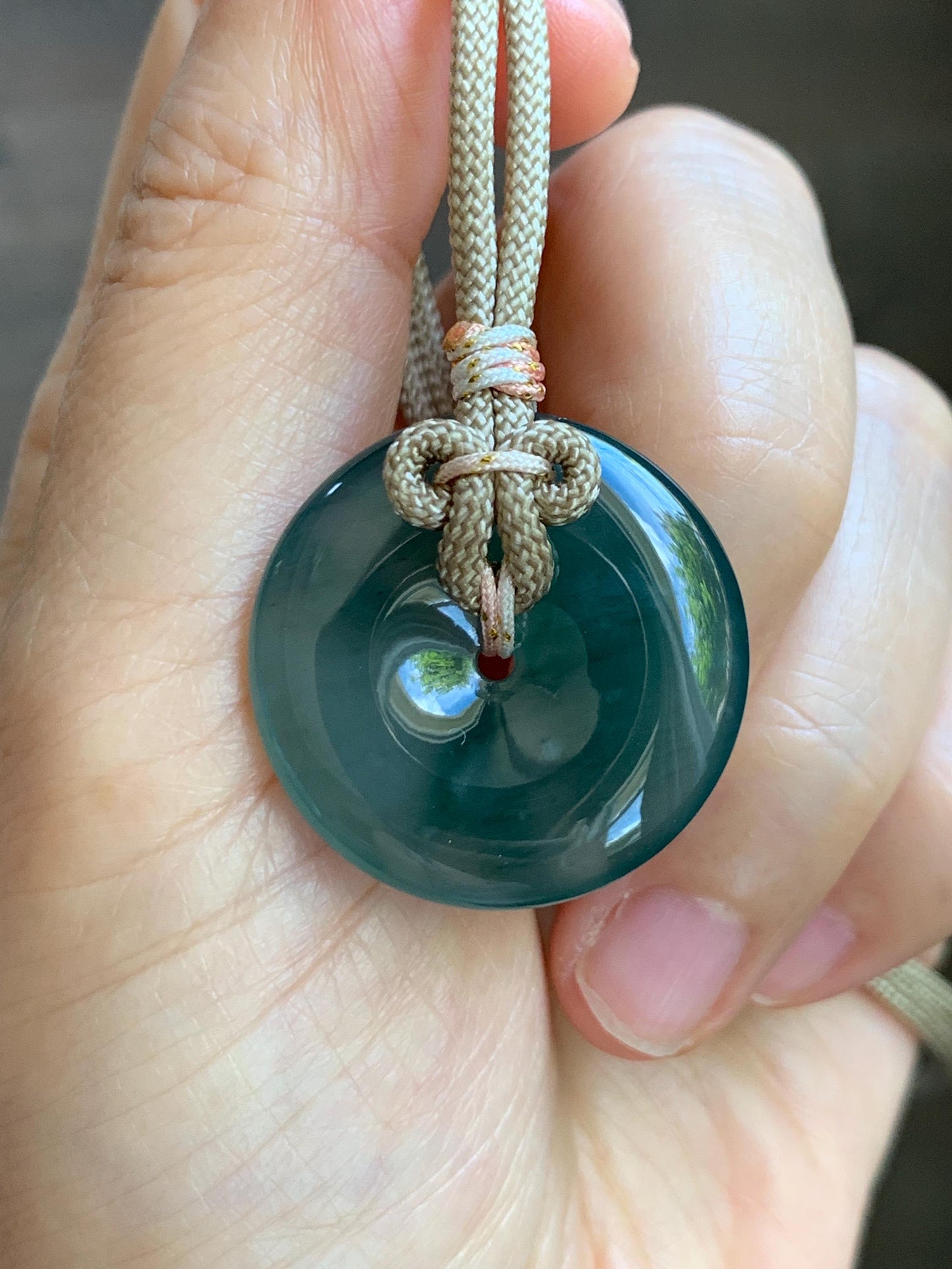 Natural Grade A Guatemalan Icy Translucent Dusty Teal Green Jade Jadeite Ping An Kou Donut Pendant Rope Necklace 25” 天然冰胶危蓝绿翡翠平安扣吊坠 WLP110B