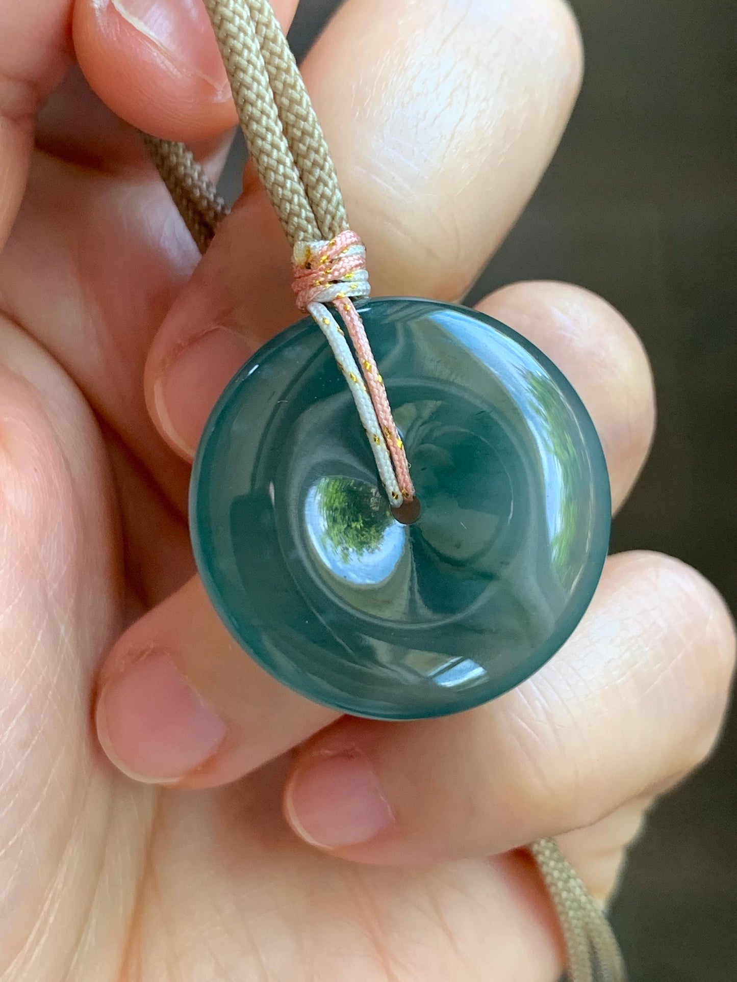 Natural Grade A Guatemalan Icy Translucent Dusty Teal Green Jade Jadeite Ping An Kou Donut Pendant Rope Necklace 25” 天然冰胶危蓝绿翡翠平安扣吊坠 WLP110B