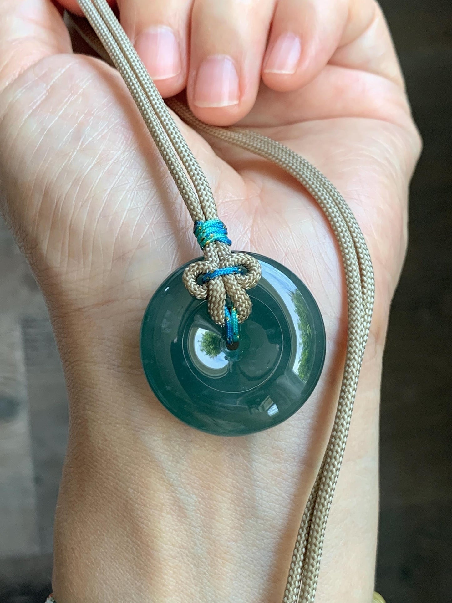 Natural Grade A Guatemalan Icy Translucent Dark Teal Blue Jade Jadeite Ping An Kou Donut Pendant Rope Necklace 24” 15g 天然冰胶危蓝翡翠平安扣吊坠 WLP110C