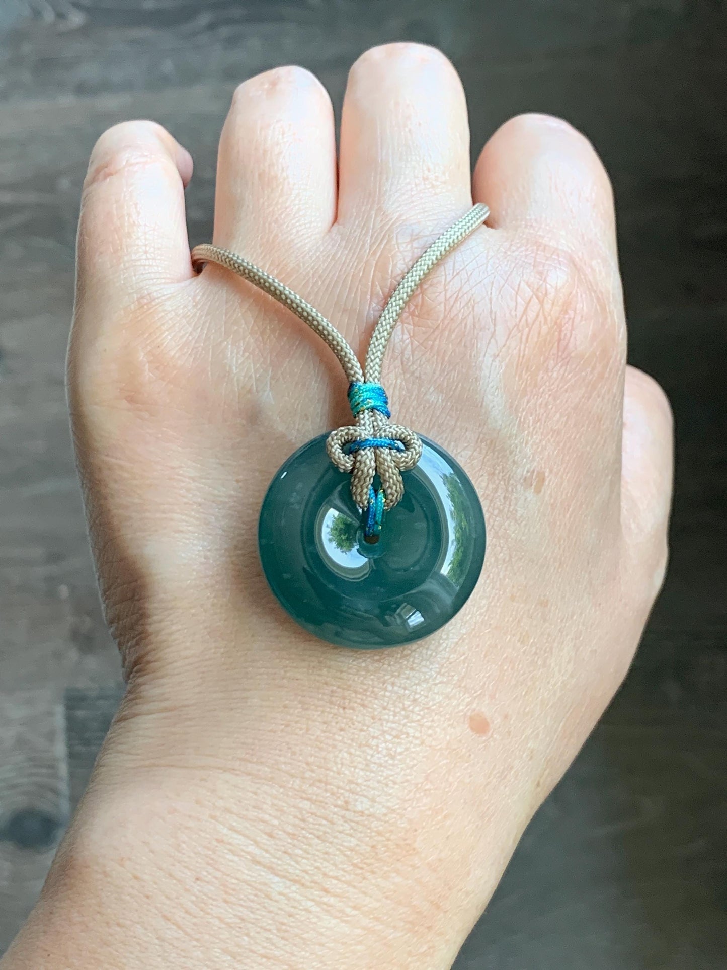 Natural Grade A Guatemalan Icy Translucent Dark Teal Blue Jade Jadeite Ping An Kou Donut Pendant Rope Necklace 24” 15g 天然冰胶危蓝翡翠平安扣吊坠 WLP110C