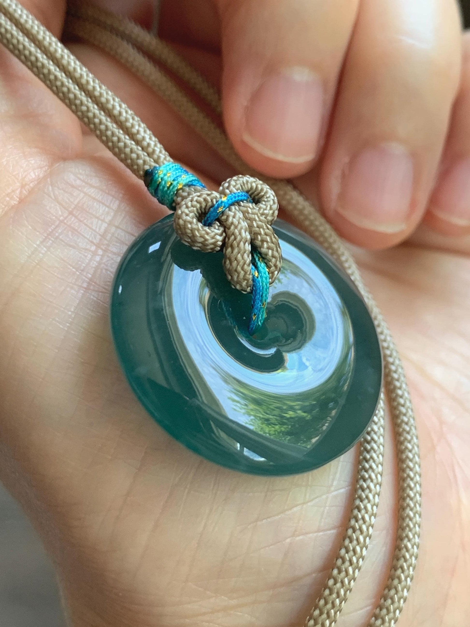 Natural Grade A Guatemalan Icy Translucent Dark Teal Blue Jade Jadeite Ping An Kou Donut Pendant Rope Necklace 24” 15g 天然冰胶危蓝翡翠平安扣吊坠 WLP110C