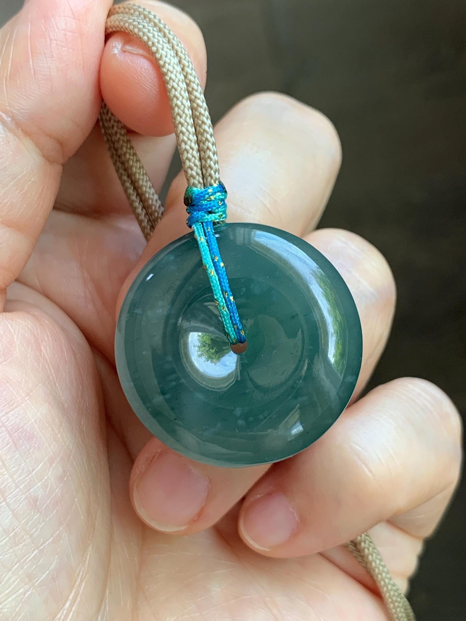 Natural Grade A Guatemalan Icy Translucent Dark Teal Blue Jade Jadeite Ping An Kou Donut Pendant Rope Necklace 24” 15g 天然冰胶危蓝翡翠平安扣吊坠 WLP110C