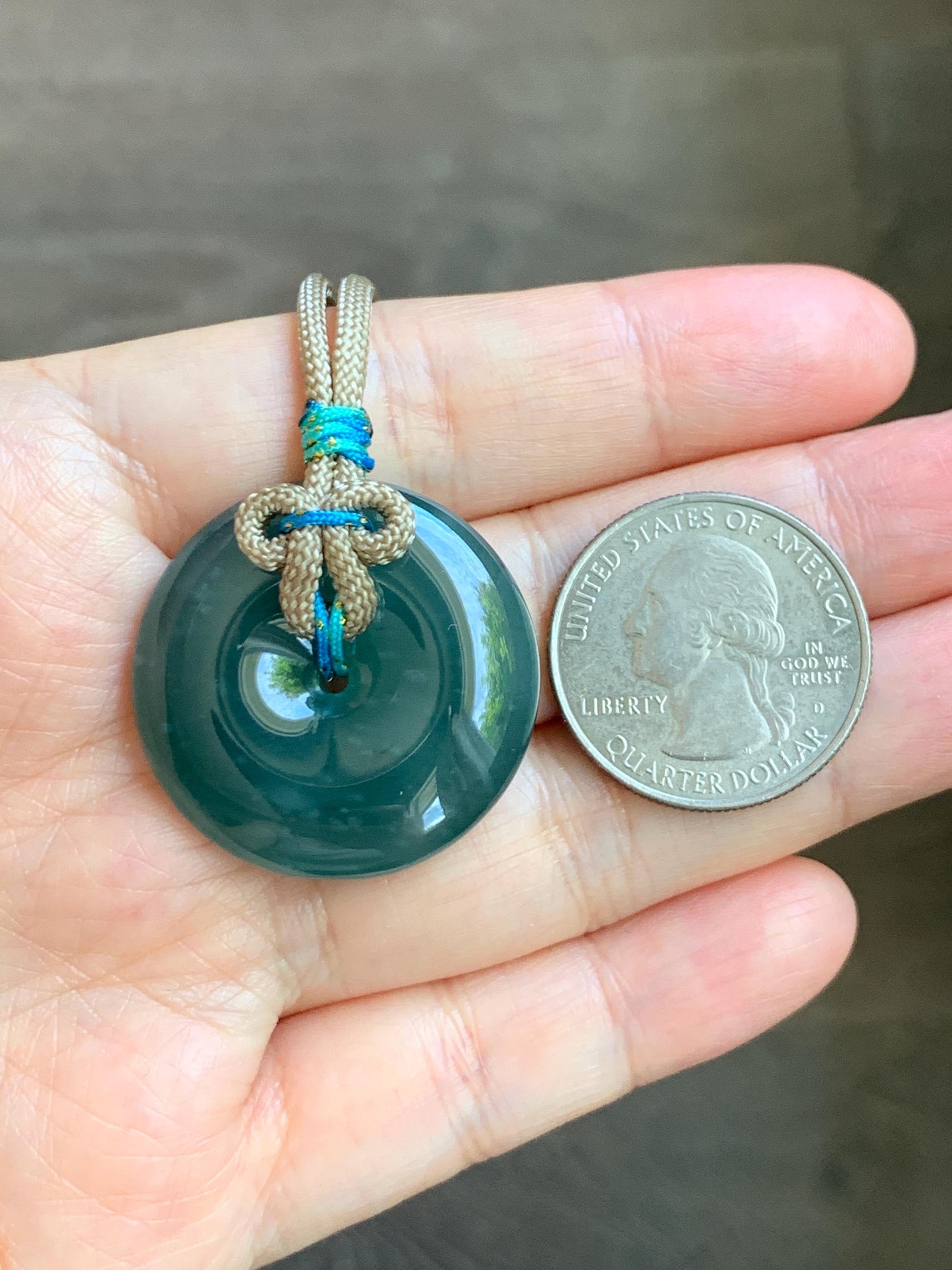 Natural Grade A Guatemalan Icy Translucent Dark Teal Blue Jade Jadeite Ping An Kou Donut Pendant Rope Necklace 24” 15g 天然冰胶危蓝翡翠平安扣吊坠 WLP110C