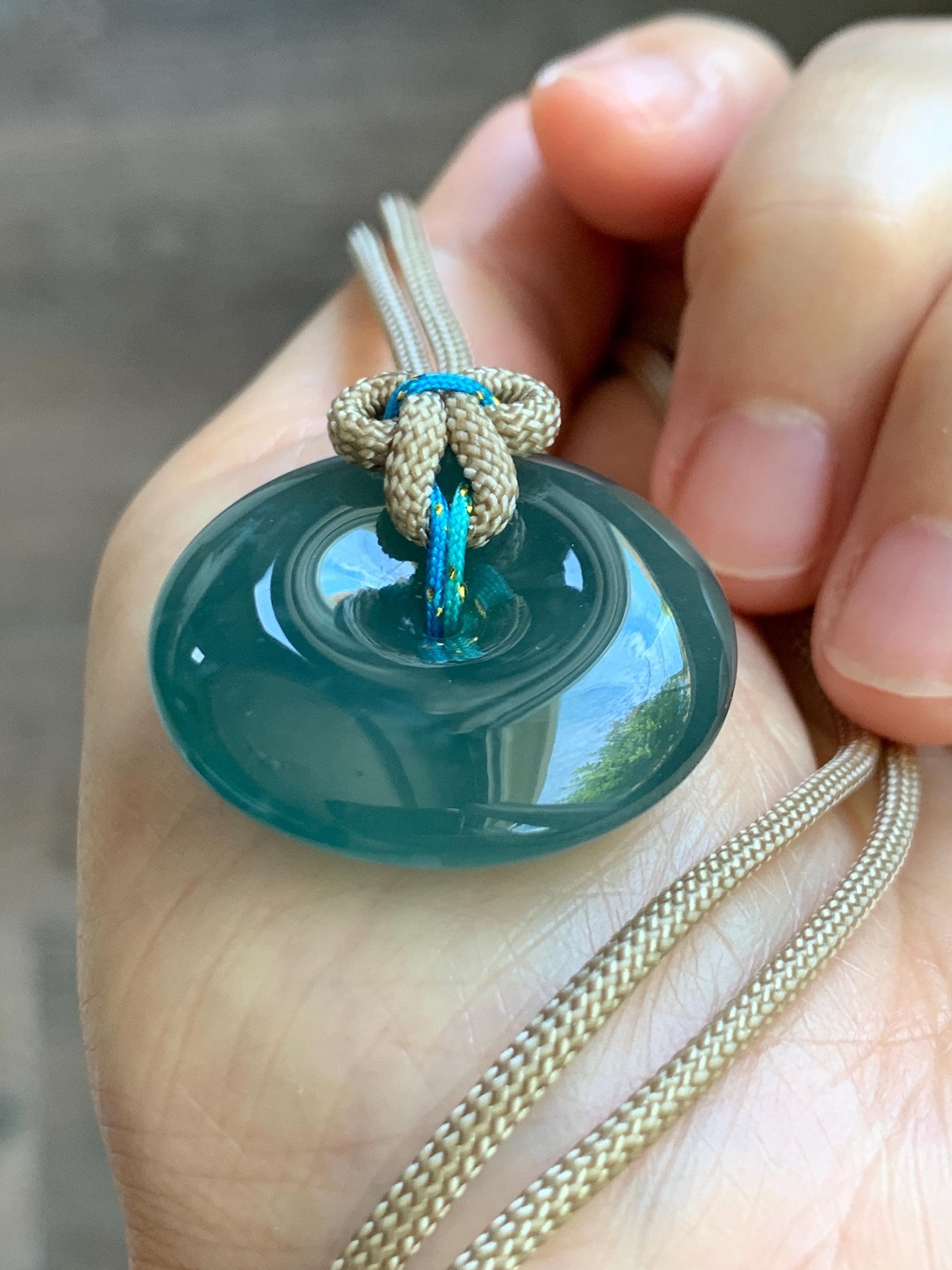 Natural Grade A Guatemalan Icy Translucent Dark Teal Blue Jade Jadeite Ping An Kou Donut Pendant Rope Necklace 24” 15g 天然冰胶危蓝翡翠平安扣吊坠 WLP110C