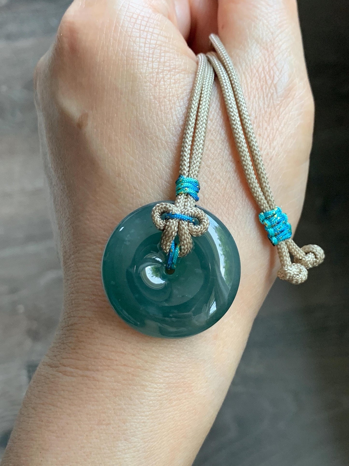 Natural Grade A Guatemalan Icy Translucent Dark Teal Blue Jade Jadeite Ping An Kou Donut Pendant Rope Necklace 24” 15g 天然冰胶危蓝翡翠平安扣吊坠 WLP110C