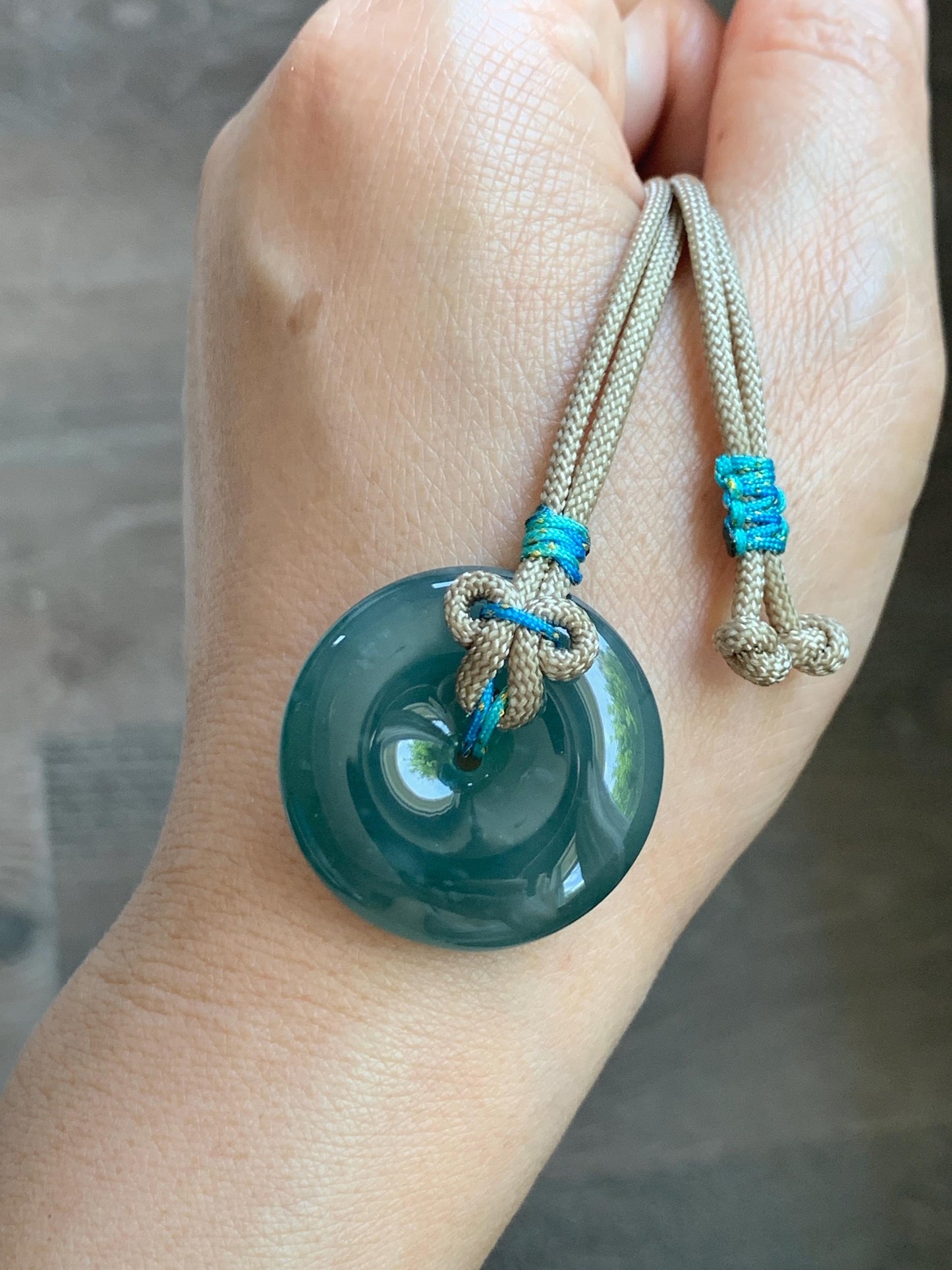 Natural Grade A Guatemalan Icy Translucent Dark Teal Blue Jade Jadeite Ping An Kou Donut Pendant Rope Necklace 24” 15g 天然冰胶危蓝翡翠平安扣吊坠 WLP110C