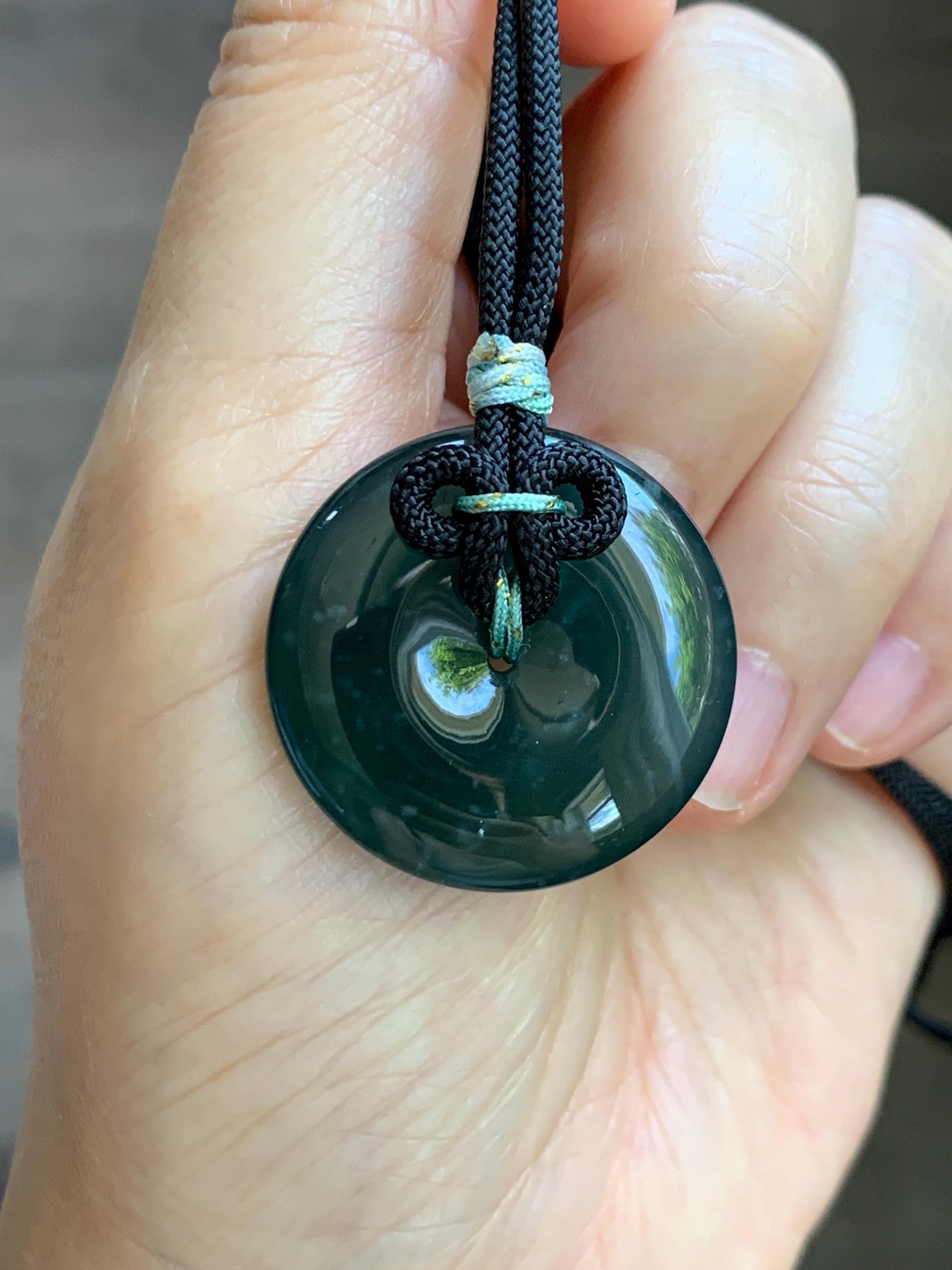 Natural Grade A Guatemalan Icy Translucent Dark Teal Green Jade Jadeite Ping An Kou Donut Pendant Rope Necklace 25” 天然冰胶危深蓝绿翡翠平安扣吊坠 WLP110D