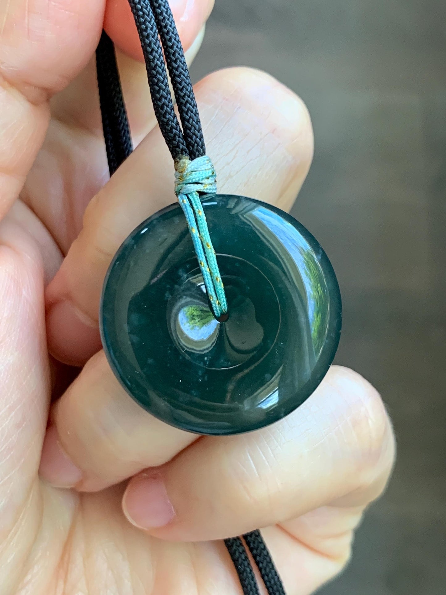 Natural Grade A Guatemalan Icy Translucent Dark Teal Green Jade Jadeite Ping An Kou Donut Pendant Rope Necklace 25” 天然冰胶危深蓝绿翡翠平安扣吊坠 WLP110D