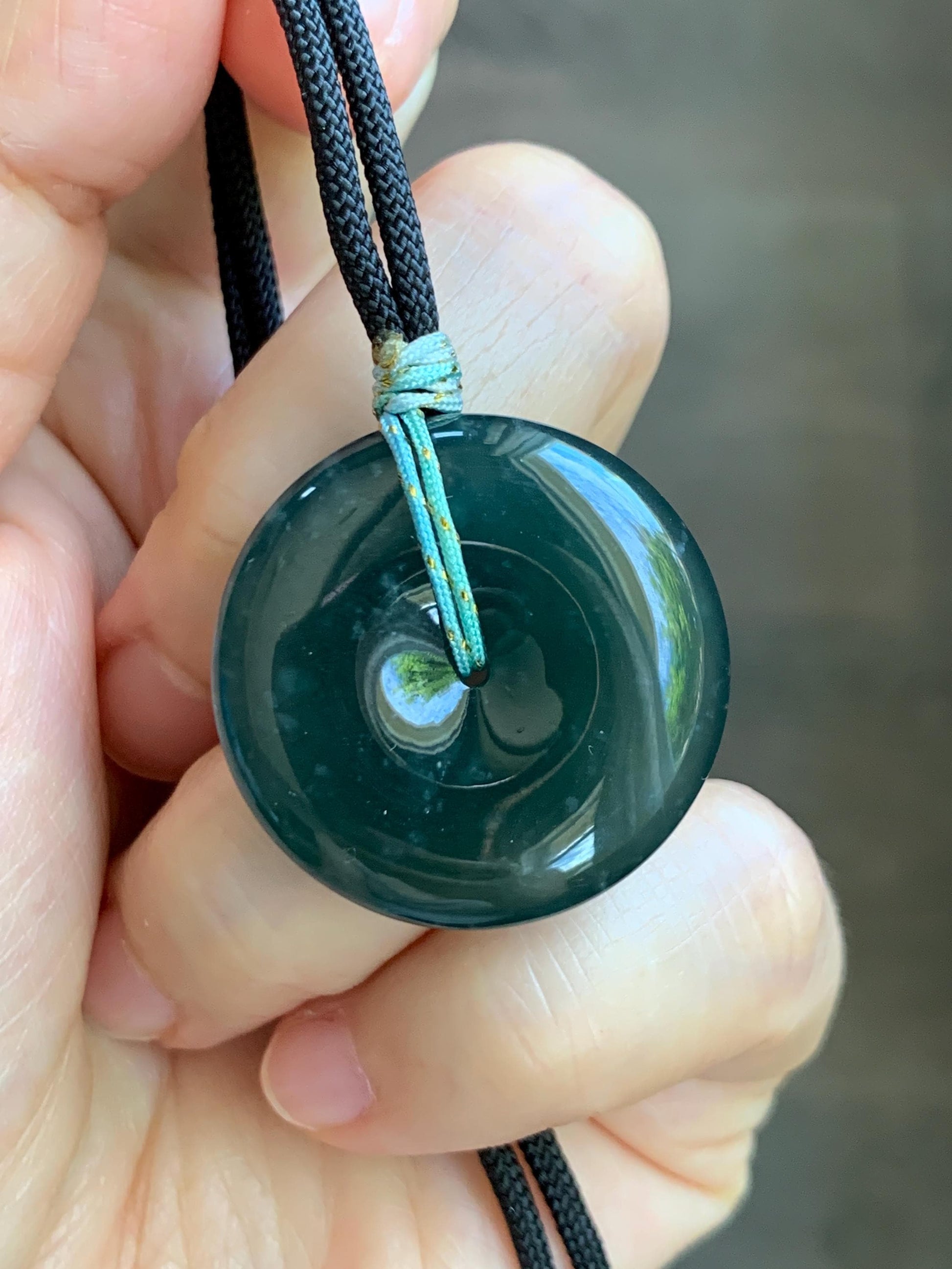 Natural Grade A Guatemalan Icy Translucent Dark Teal Green Jade Jadeite Ping An Kou Donut Pendant Rope Necklace 25” 天然冰胶危深蓝绿翡翠平安扣吊坠 WLP110D