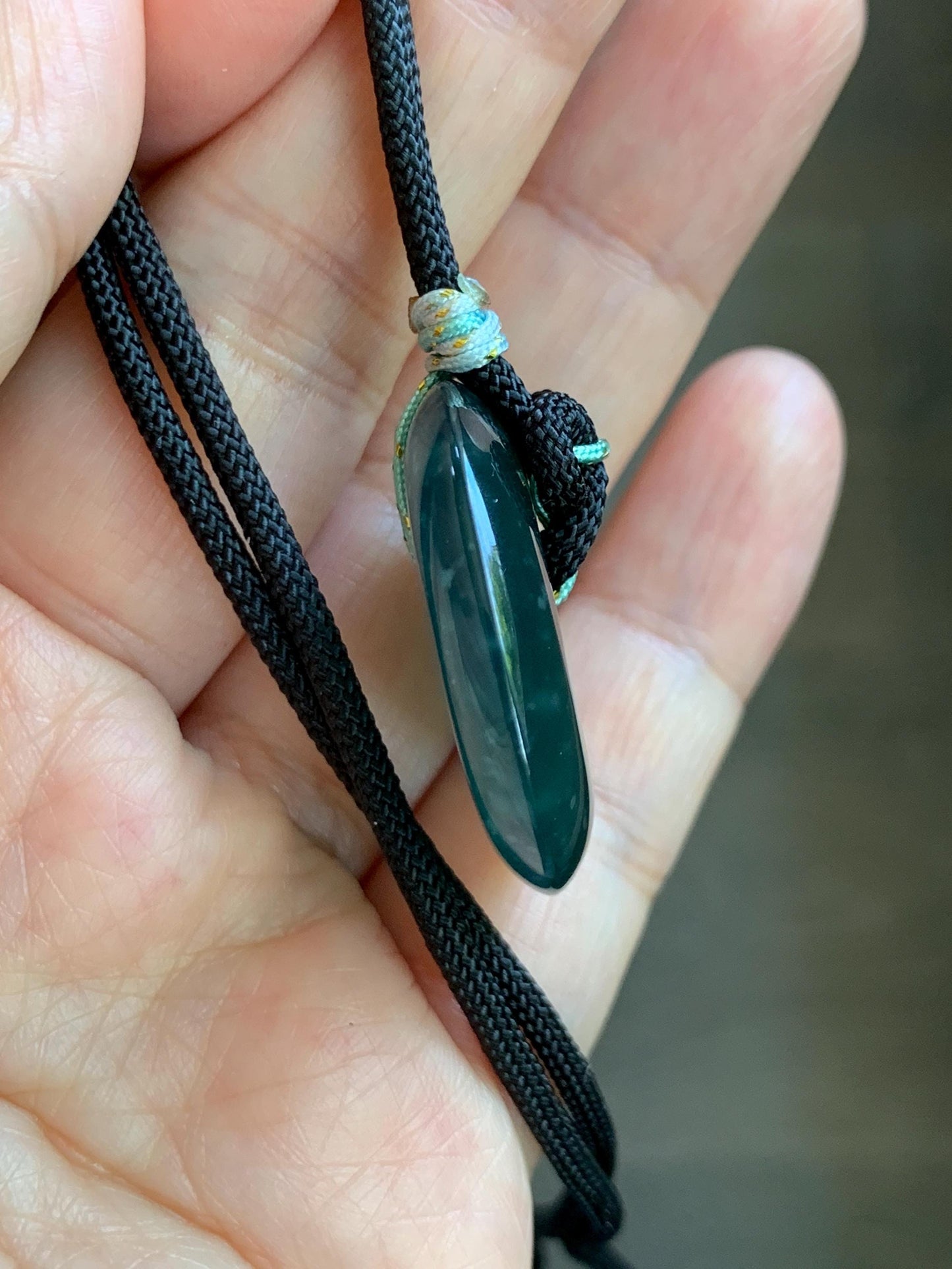 Natural Grade A Guatemalan Icy Translucent Dark Teal Green Jade Jadeite Ping An Kou Donut Pendant Rope Necklace 25” 天然冰胶危深蓝绿翡翠平安扣吊坠 WLP110D