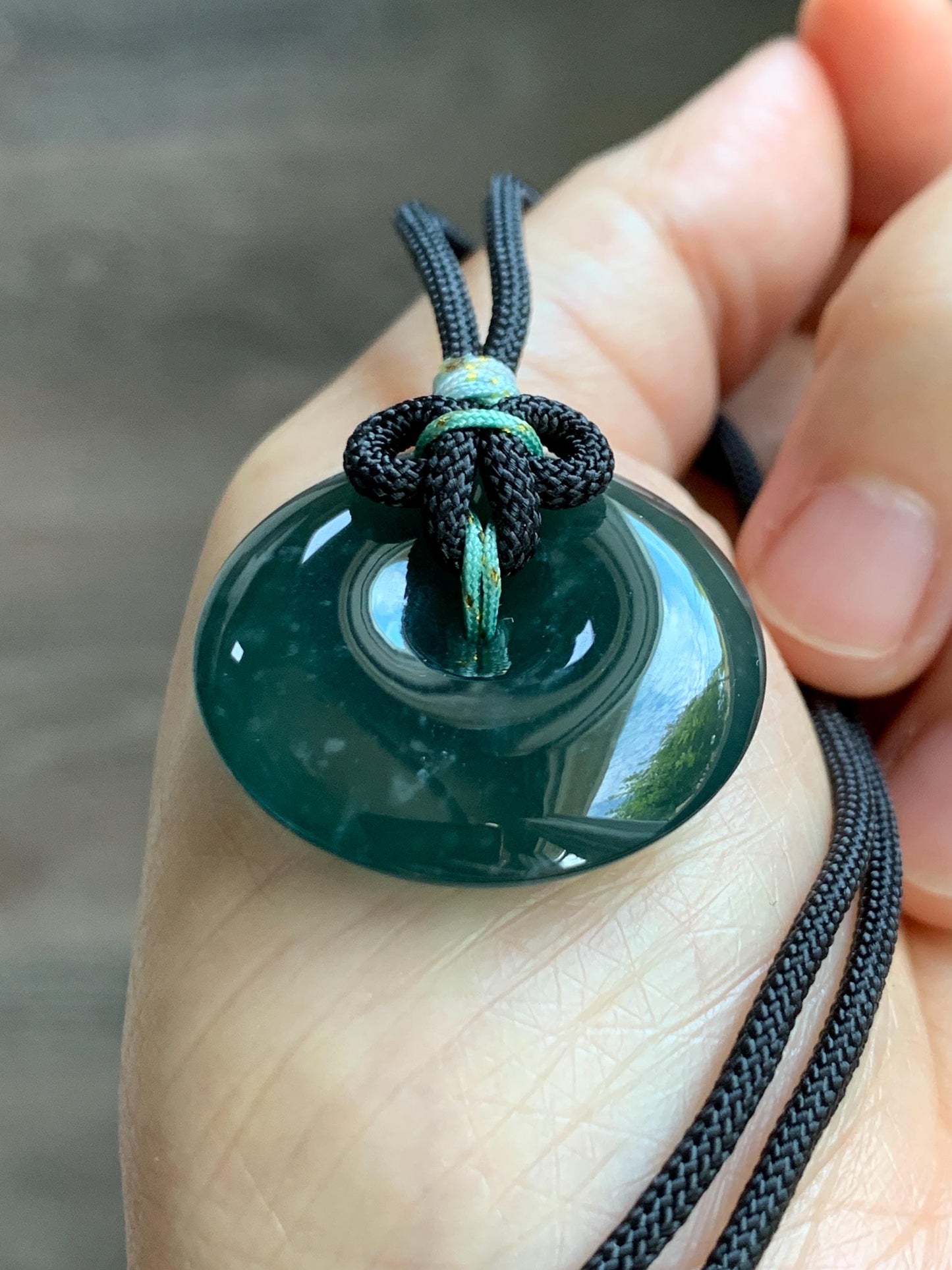 Natural Grade A Guatemalan Icy Translucent Dark Teal Green Jade Jadeite Ping An Kou Donut Pendant Rope Necklace 25” 天然冰胶危深蓝绿翡翠平安扣吊坠 WLP110D