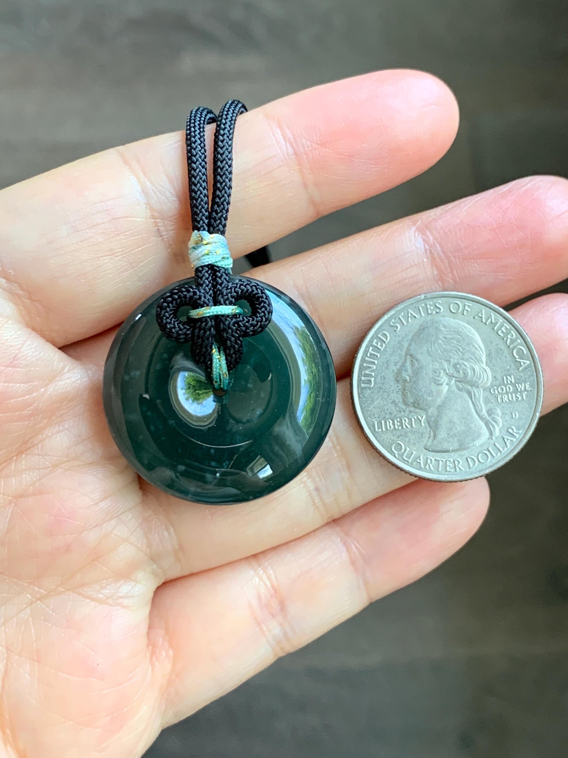 Natural Grade A Guatemalan Icy Translucent Dark Teal Green Jade Jadeite Ping An Kou Donut Pendant Rope Necklace 25” 天然冰胶危深蓝绿翡翠平安扣吊坠 WLP110D