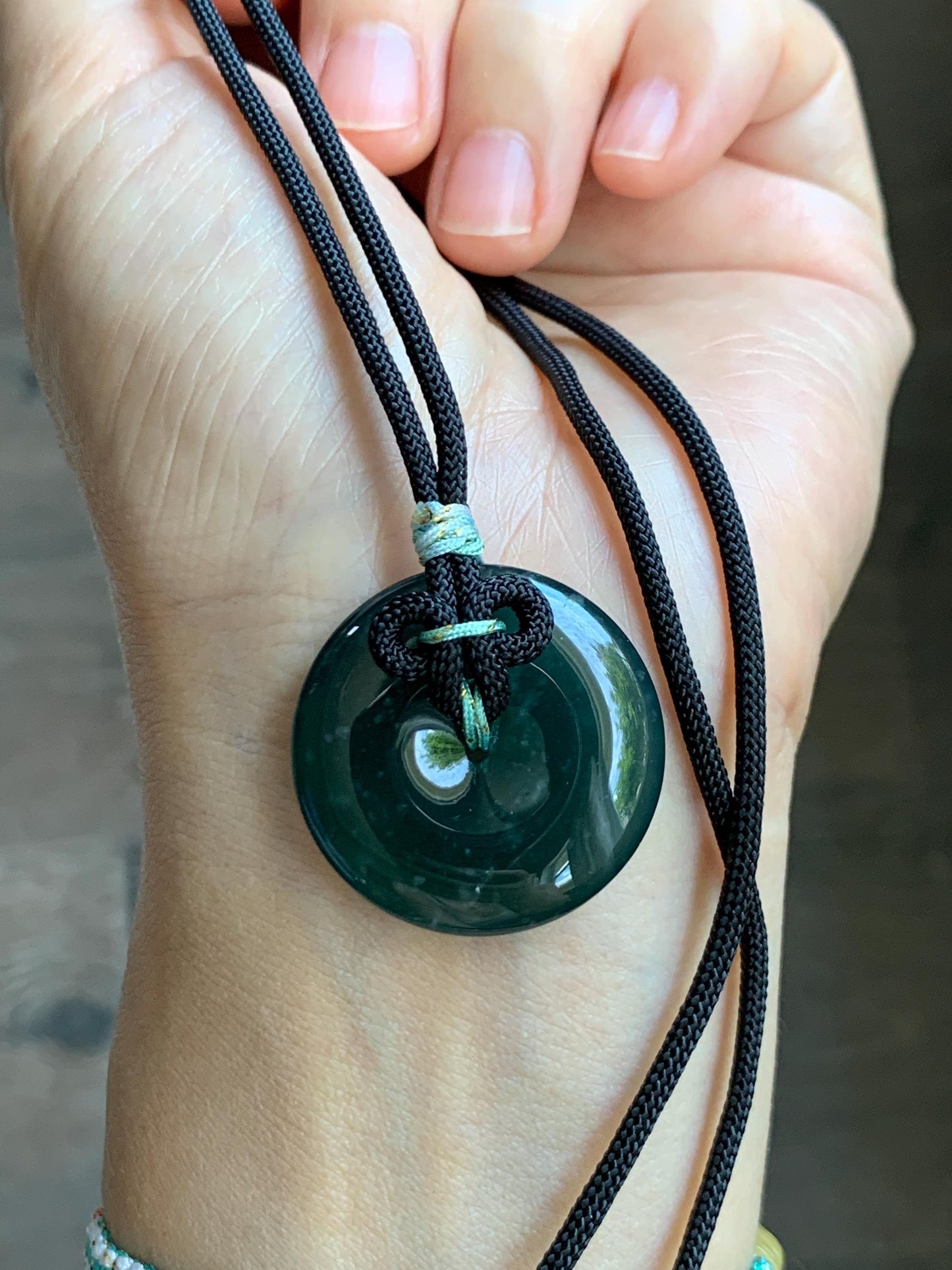 Natural Grade A Guatemalan Icy Translucent Dark Teal Green Jade Jadeite Ping An Kou Donut Pendant Rope Necklace 25” 天然冰胶危深蓝绿翡翠平安扣吊坠 WLP110D