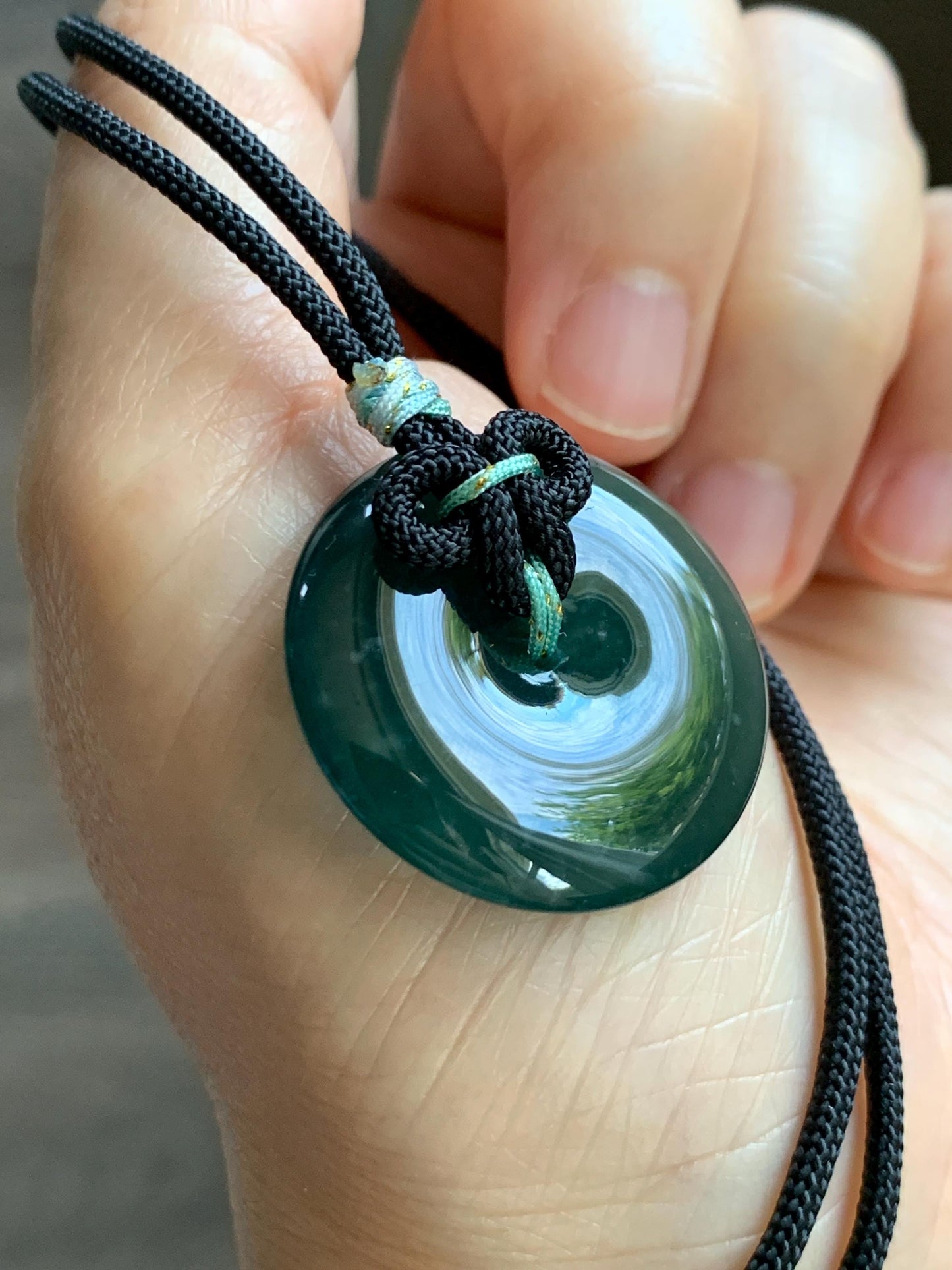 Natural Grade A Guatemalan Icy Translucent Dark Teal Green Jade Jadeite Ping An Kou Donut Pendant Rope Necklace 25” 天然冰胶危深蓝绿翡翠平安扣吊坠 WLP110D