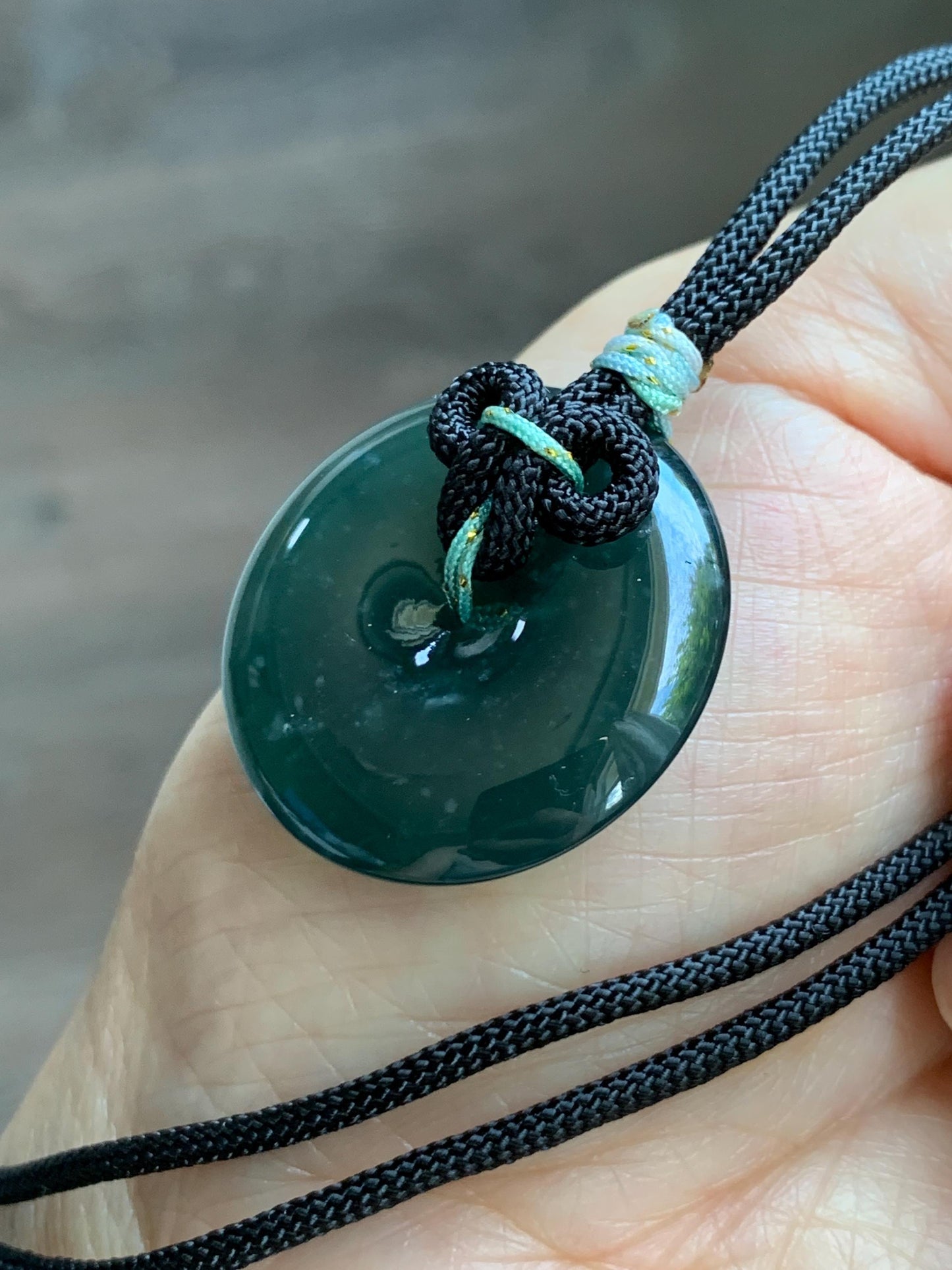 Natural Grade A Guatemalan Icy Translucent Dark Teal Green Jade Jadeite Ping An Kou Donut Pendant Rope Necklace 25” 天然冰胶危深蓝绿翡翠平安扣吊坠 WLP110D