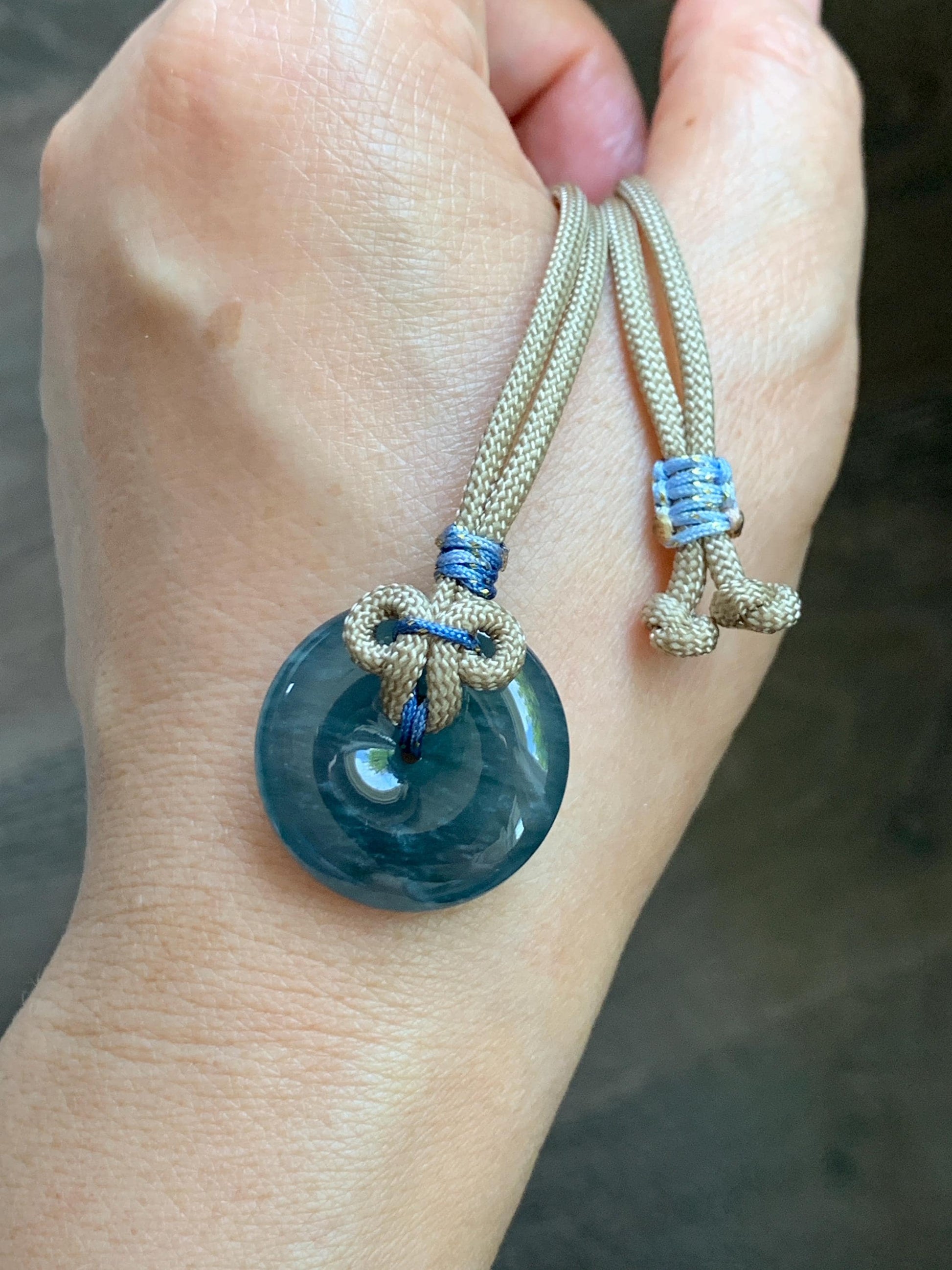 Natural Grade A Guatemalan Icy Translucent Aegean Blue Jade Jadeite Ping An Kou Donut Pendant Rope Necklace 24.5” 10g 天然冰胶危牛仔蓝翡翠平安扣吊坠WLP110E