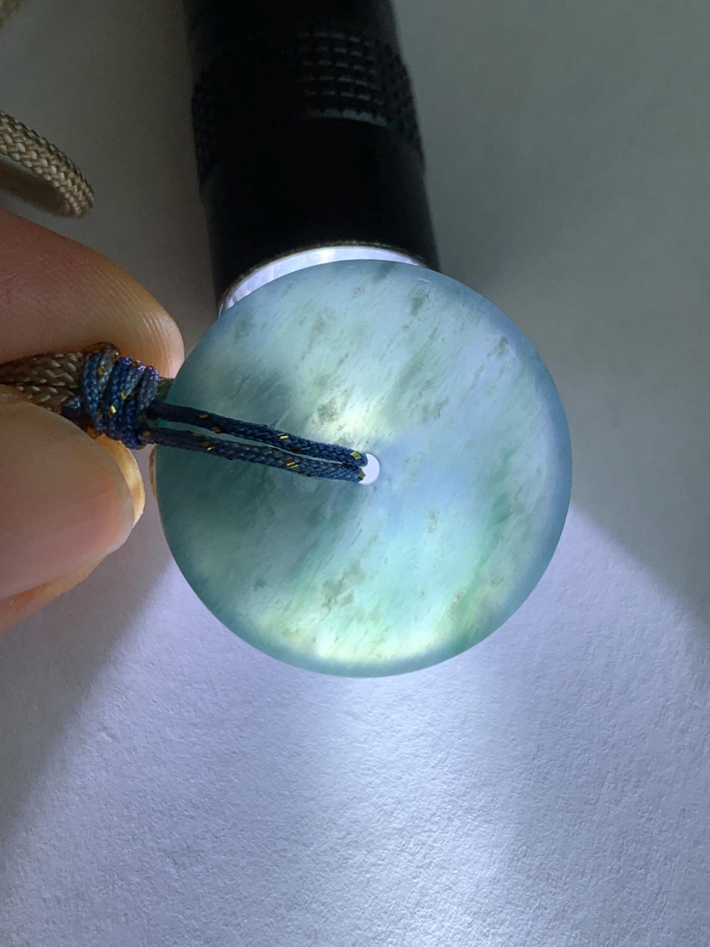 Natural Grade A Guatemalan Icy Translucent Aegean Blue Jade Jadeite Ping An Kou Donut Pendant Rope Necklace 24.5” 10g 天然冰胶危牛仔蓝翡翠平安扣吊坠WLP110E
