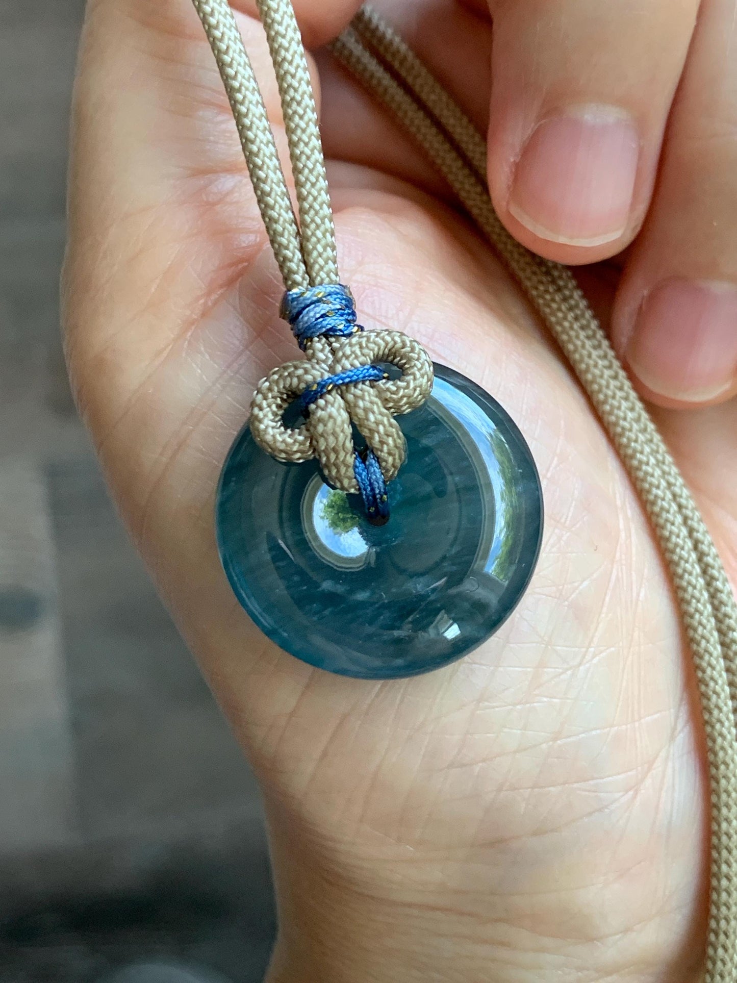 Natural Grade A Guatemalan Icy Translucent Aegean Blue Jade Jadeite Ping An Kou Donut Pendant Rope Necklace 24.5” 10g 天然冰胶危牛仔蓝翡翠平安扣吊坠WLP110E