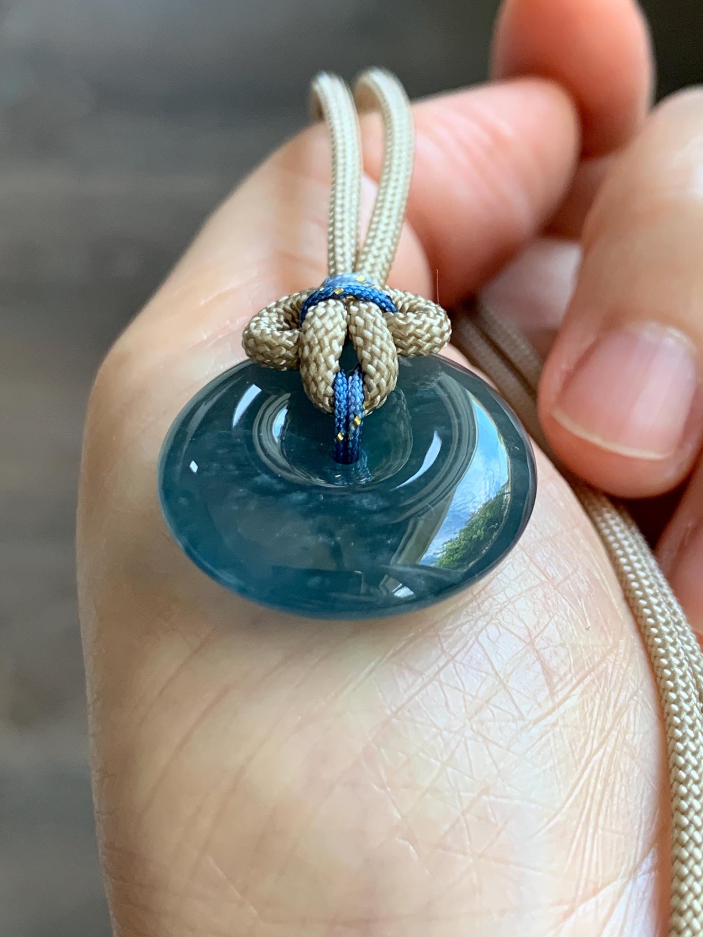 Natural Grade A Guatemalan Icy Translucent Aegean Blue Jade Jadeite Ping An Kou Donut Pendant Rope Necklace 24.5” 10g 天然冰胶危牛仔蓝翡翠平安扣吊坠WLP110E