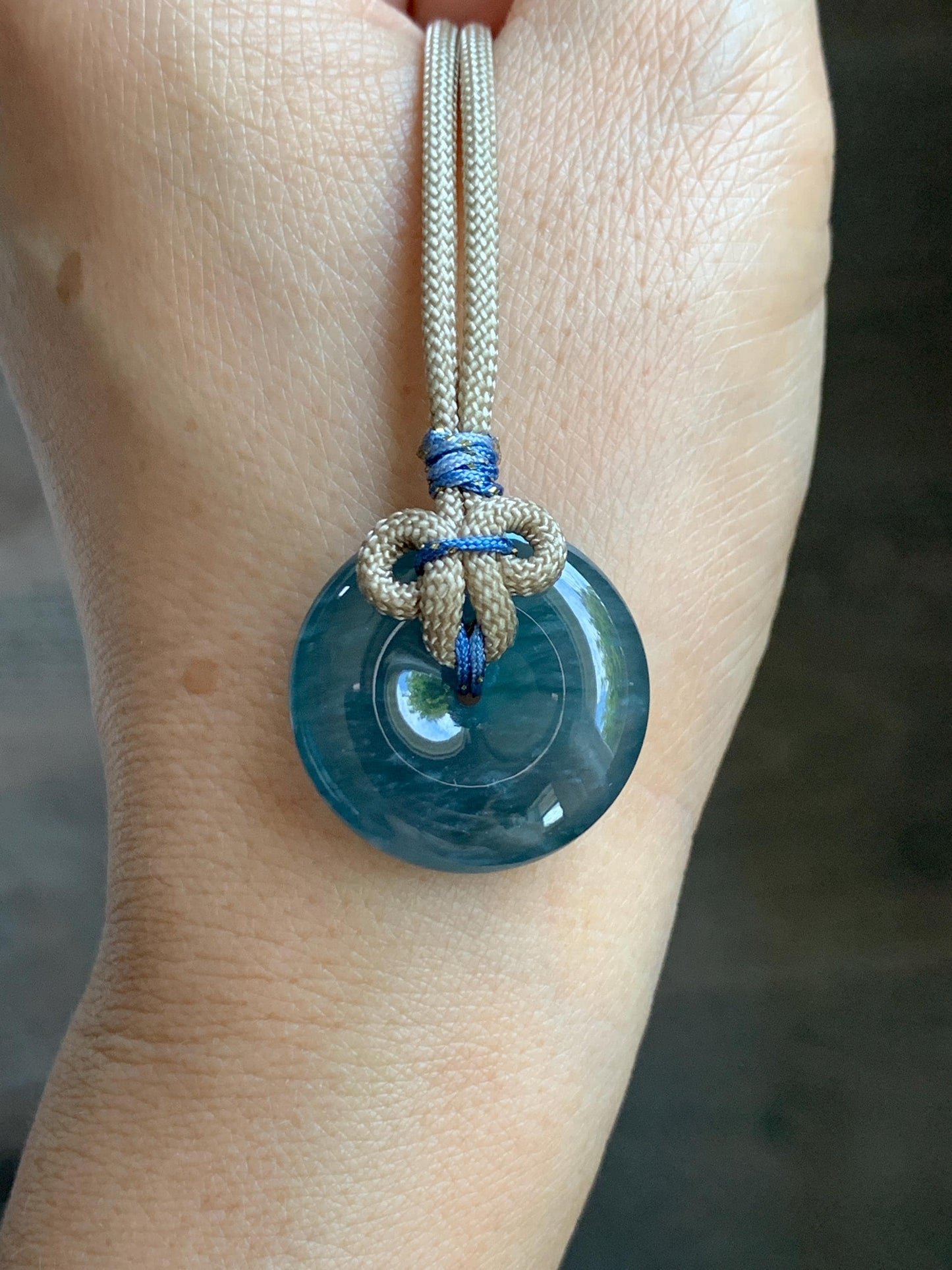 Natural Grade A Guatemalan Icy Translucent Aegean Blue Jade Jadeite Ping An Kou Donut Pendant Rope Necklace 24.5” 10g 天然冰胶危牛仔蓝翡翠平安扣吊坠WLP110E