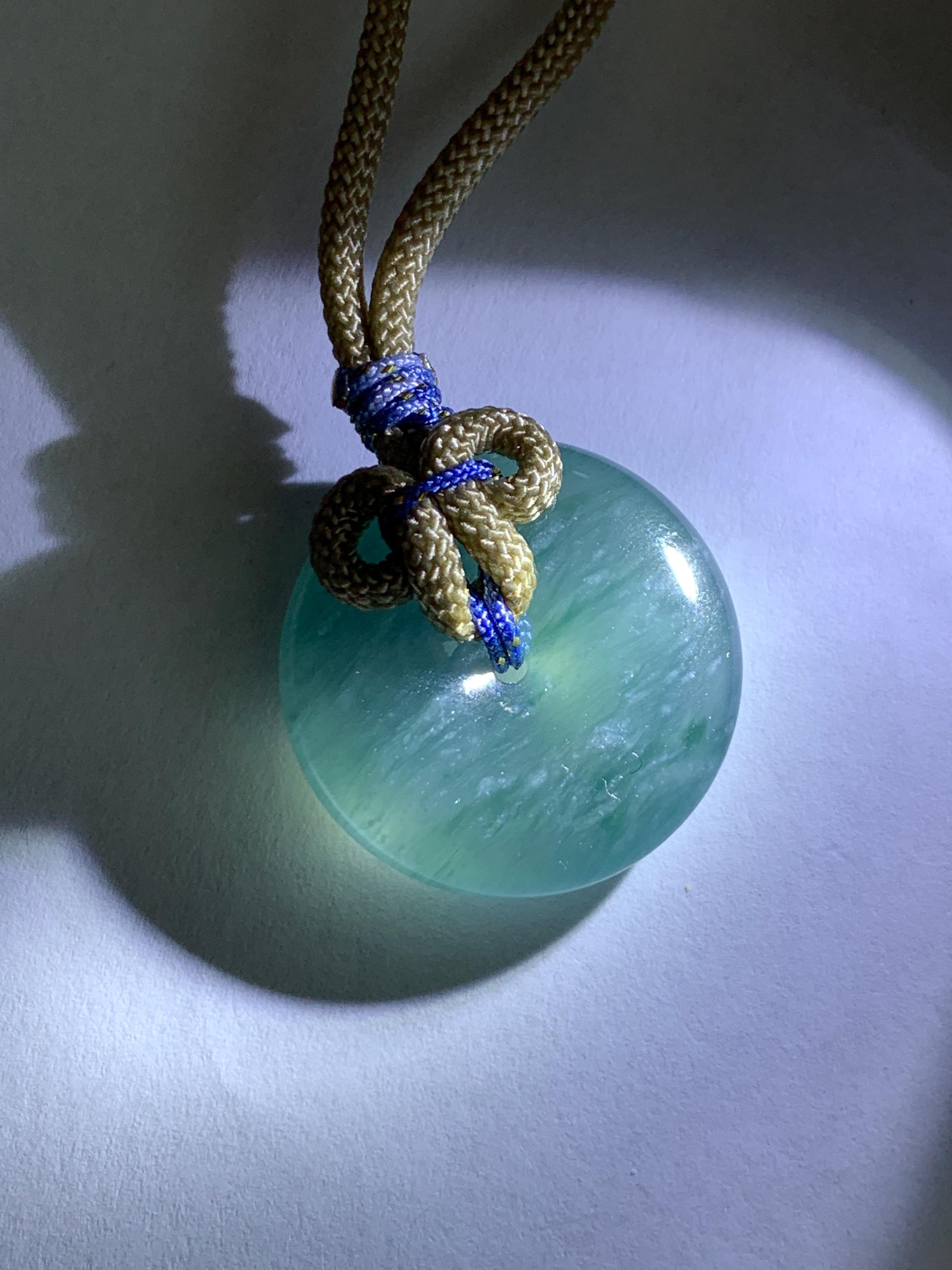 Natural Grade A Guatemalan Icy Translucent Aegean Blue Jade Jadeite Ping An Kou Donut Pendant Rope Necklace 24.5” 10g 天然冰胶危牛仔蓝翡翠平安扣吊坠WLP110E
