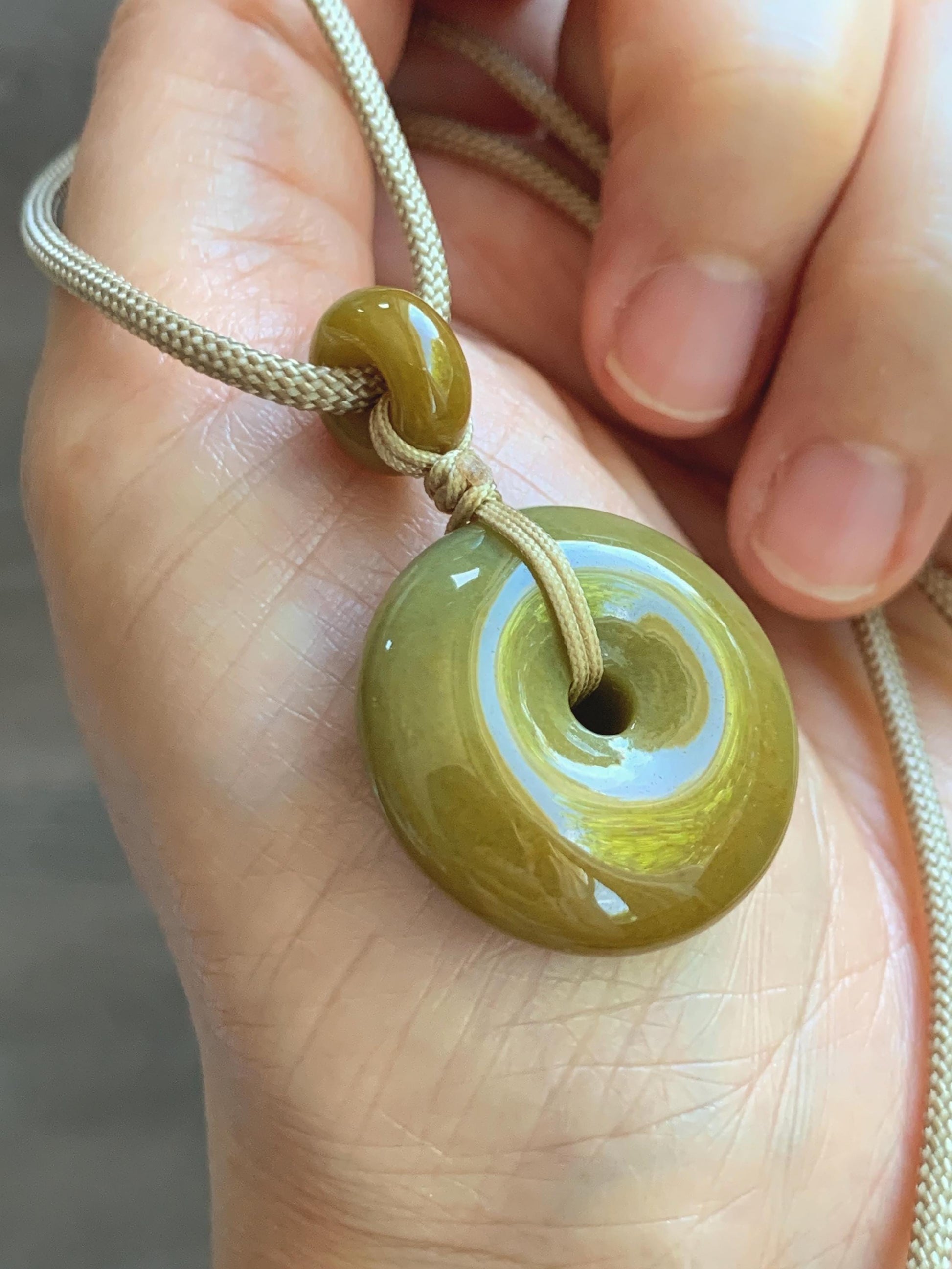 Natural Grade A Icy Dark Yellow Jade Jadeite Ping An Kou Donut Pendant Rope Necklace 24” 14g 天然冰黄翡平安扣吊坠 MHK140