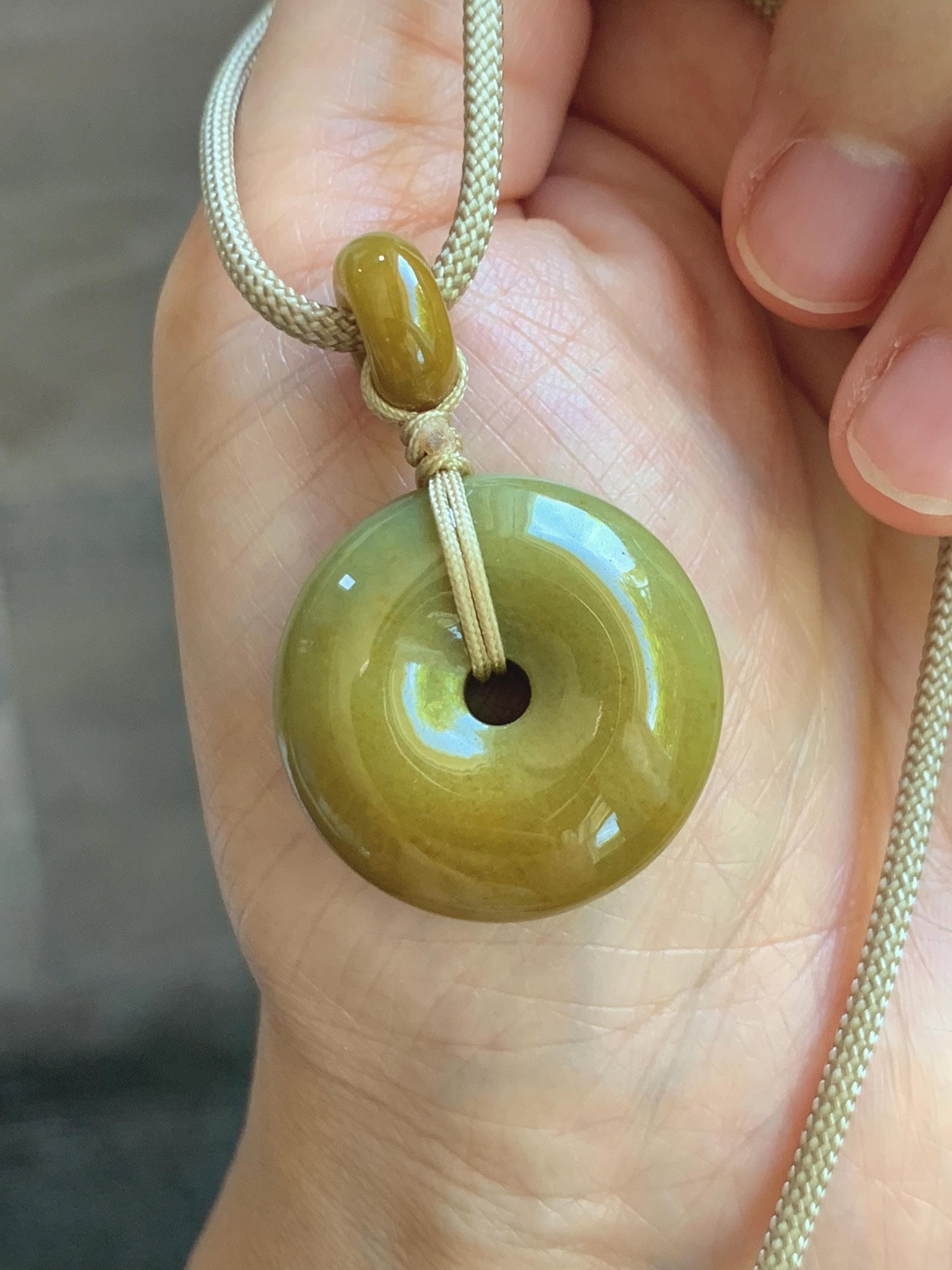 Natural Grade A Icy Dark Yellow Jade Jadeite Ping An Kou Donut Pendant Rope Necklace 24” 14g 天然冰黄翡平安扣吊坠 MHK140
