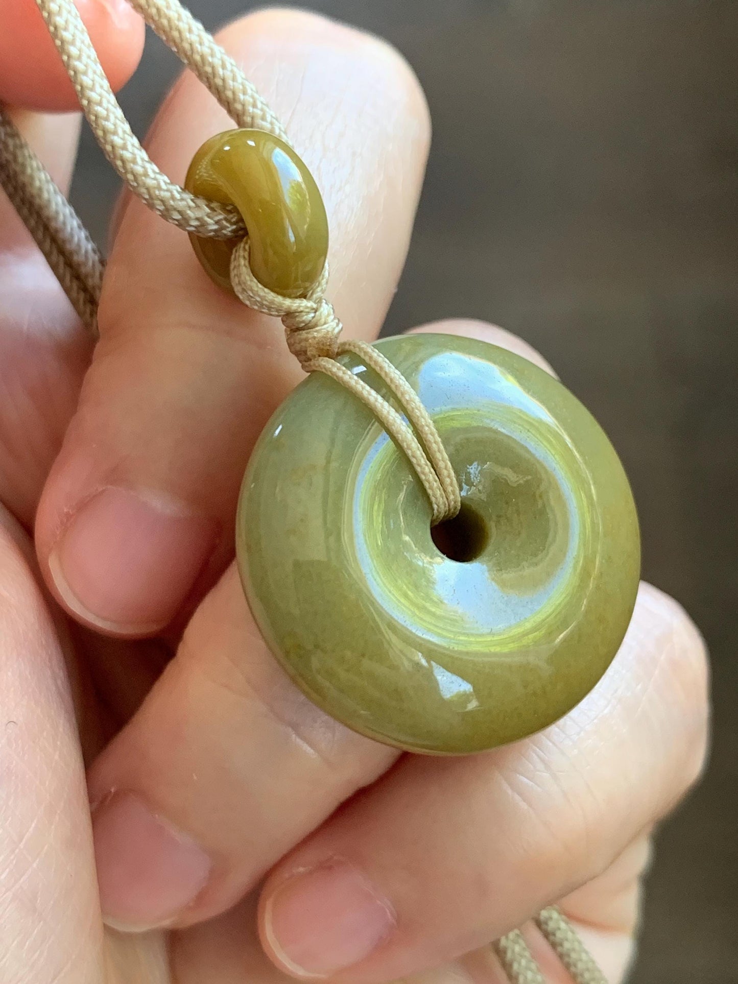 Natural Grade A Icy Dark Yellow Jade Jadeite Ping An Kou Donut Pendant Rope Necklace 24” 14g 天然冰黄翡平安扣吊坠 MHK140