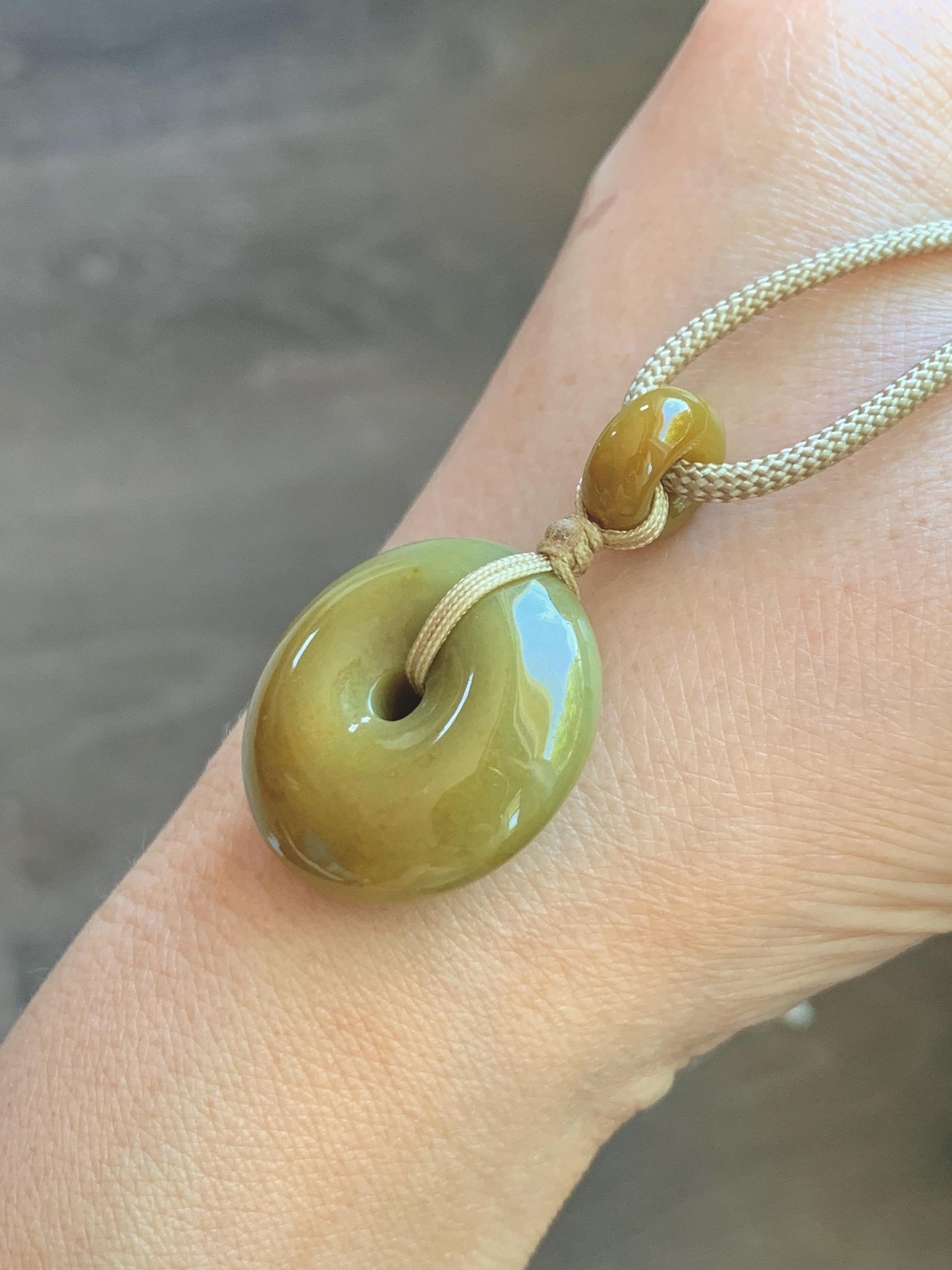 Natural Grade A Icy Dark Yellow Jade Jadeite Ping An Kou Donut Pendant Rope Necklace 24” 14g 天然冰黄翡平安扣吊坠 MHK140
