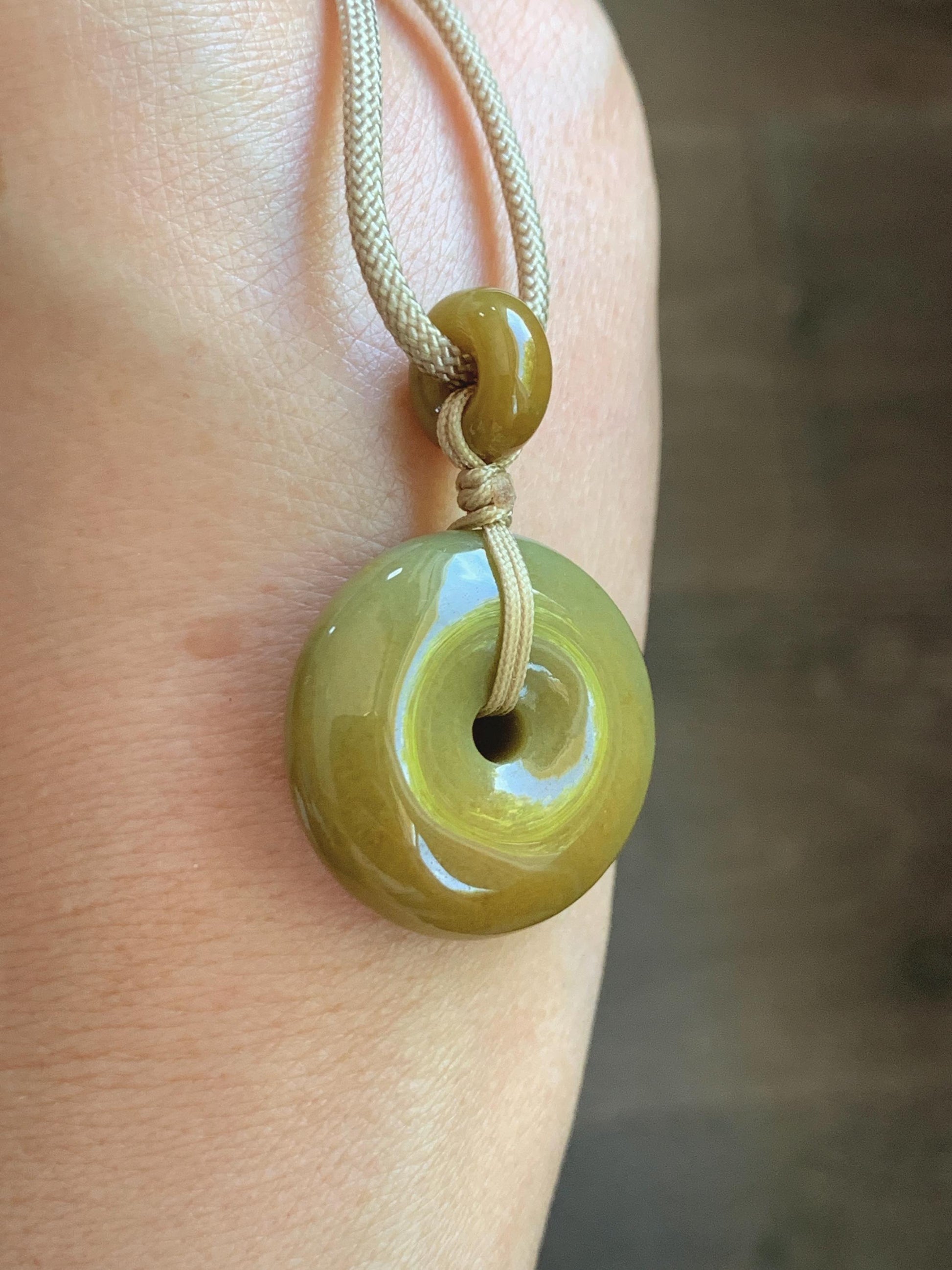 Natural Grade A Icy Dark Yellow Jade Jadeite Ping An Kou Donut Pendant Rope Necklace 24” 14g 天然冰黄翡平安扣吊坠 MHK140