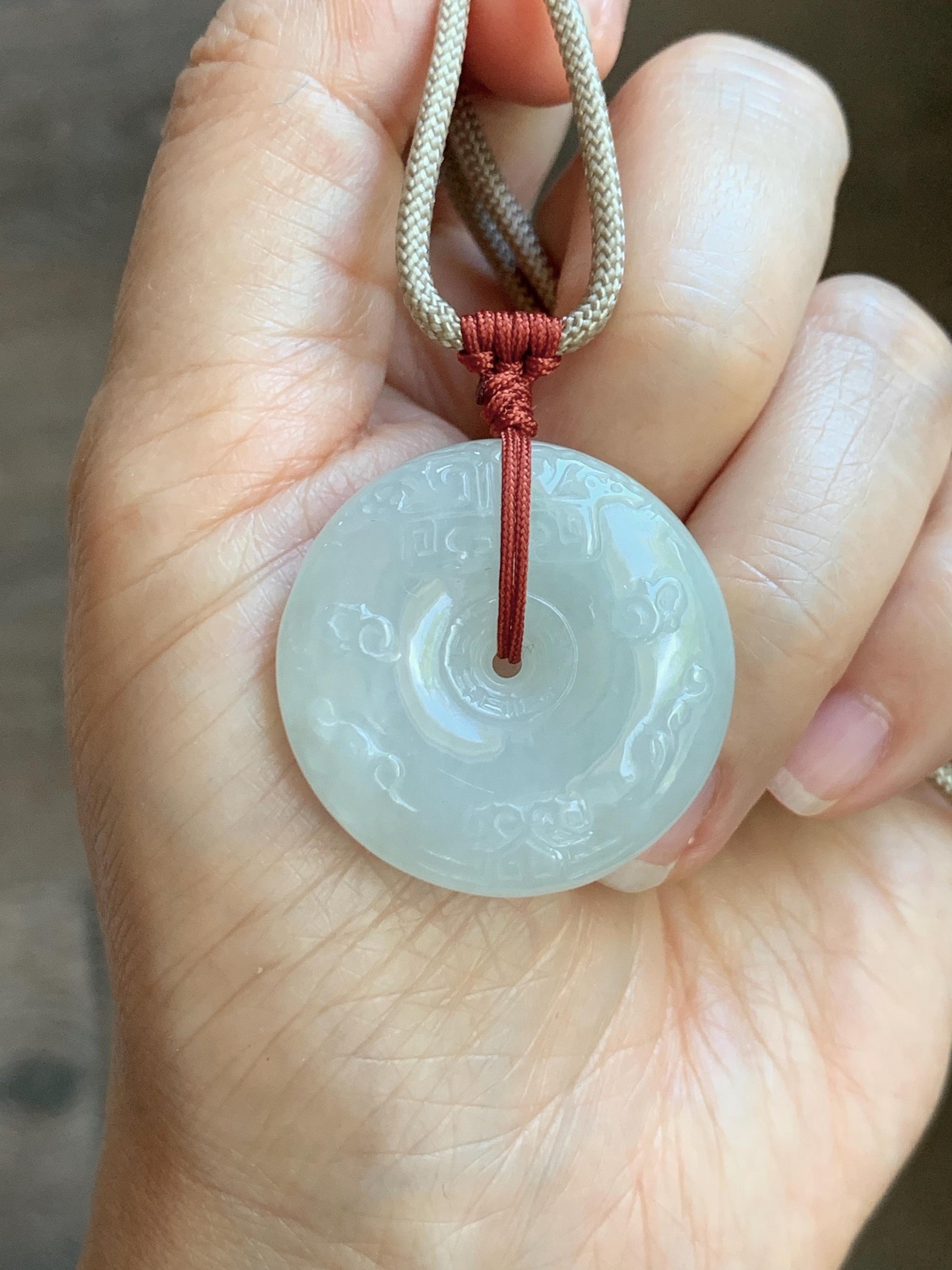 Natural Grade A Icy Translucent Light Beige Jade Jadeite Engraved Ping An Kou Donut Pendant Rope Necklace 24” 19g 天然细糯冰糖黄翡翠仿古雕平安扣项链 MFG360B