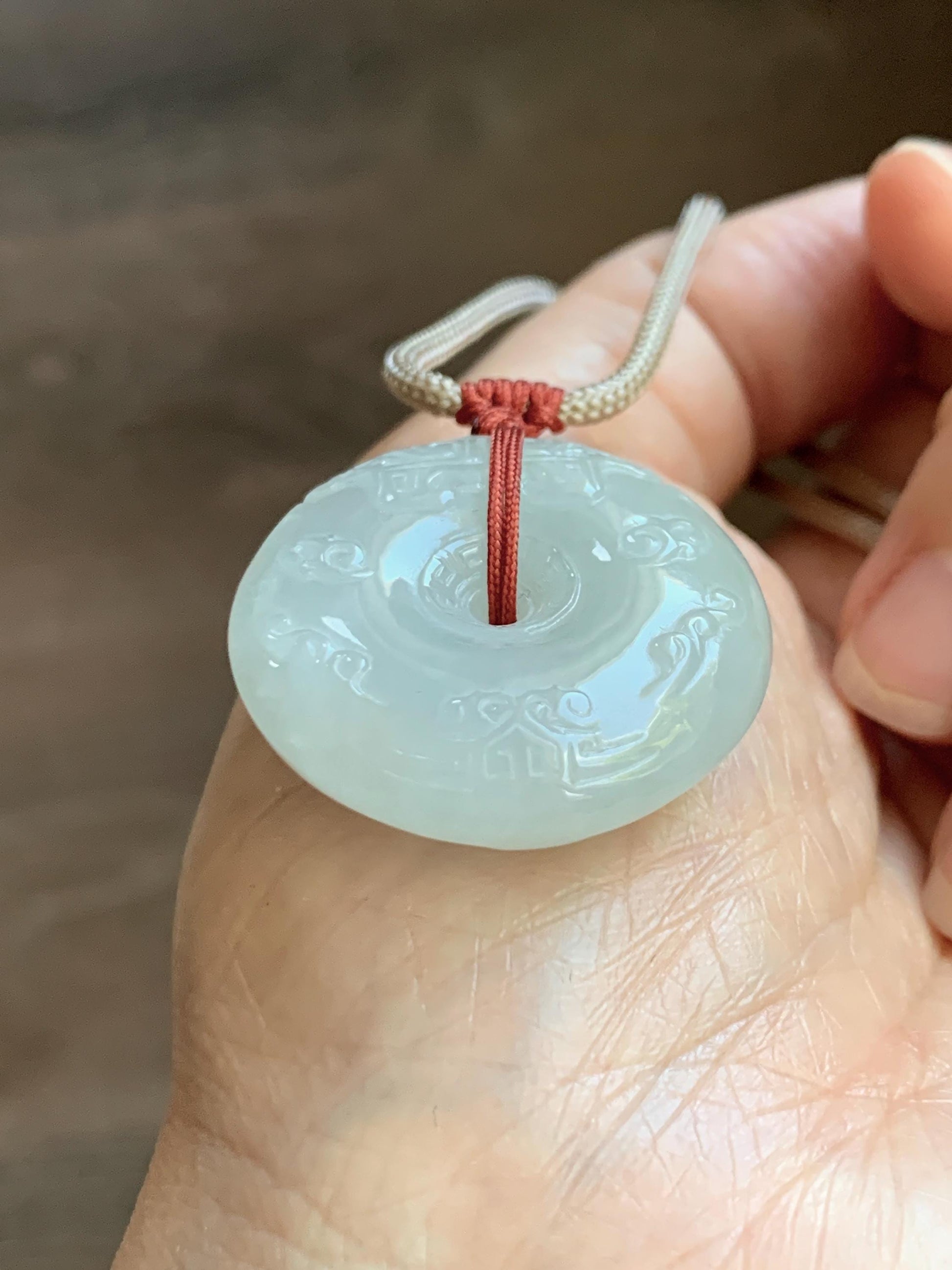 Natural Grade A Icy Translucent Light Beige Jade Jadeite Engraved Ping An Kou Donut Pendant Rope Necklace 24” 19g 天然细糯冰糖黄翡翠仿古雕平安扣项链 MFG360B