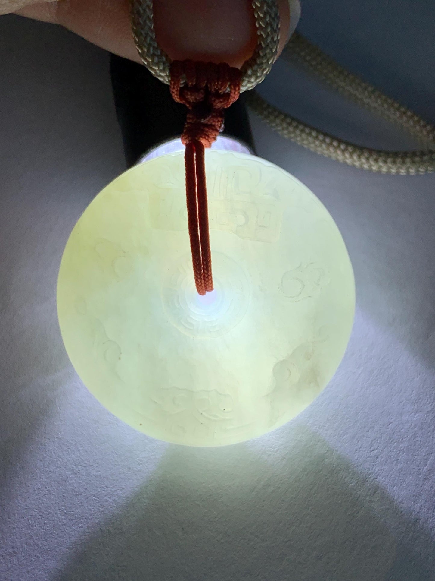 Natural Grade A Icy Translucent Light Beige Jade Jadeite Engraved Ping An Kou Donut Pendant Rope Necklace 24” 19g 天然细糯冰糖黄翡翠仿古雕平安扣项链 MFG360B
