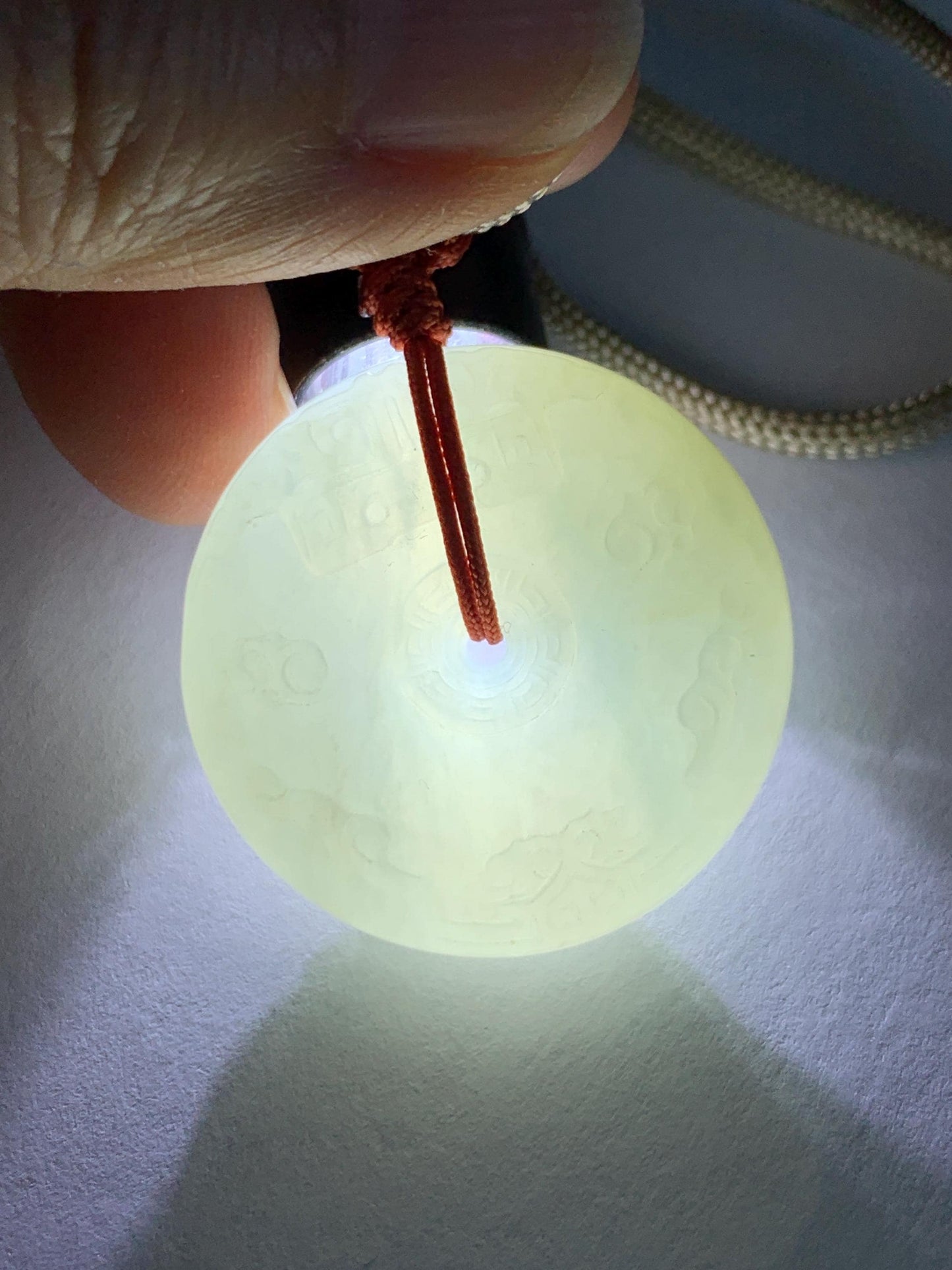 Natural Grade A Icy Translucent Light Beige Jade Jadeite Engraved Ping An Kou Donut Pendant Rope Necklace 24” 19g 天然细糯冰糖黄翡翠仿古雕平安扣项链 MFG360B