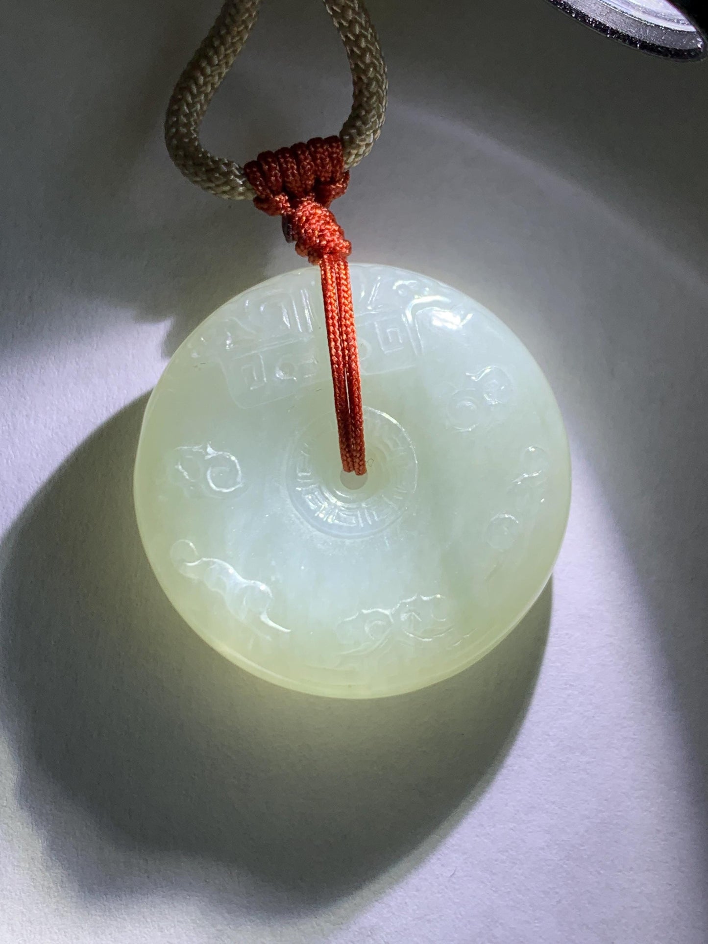 Natural Grade A Icy Translucent Light Beige Jade Jadeite Engraved Ping An Kou Donut Pendant Rope Necklace 24” 19g 天然细糯冰糖黄翡翠仿古雕平安扣项链 MFG360B