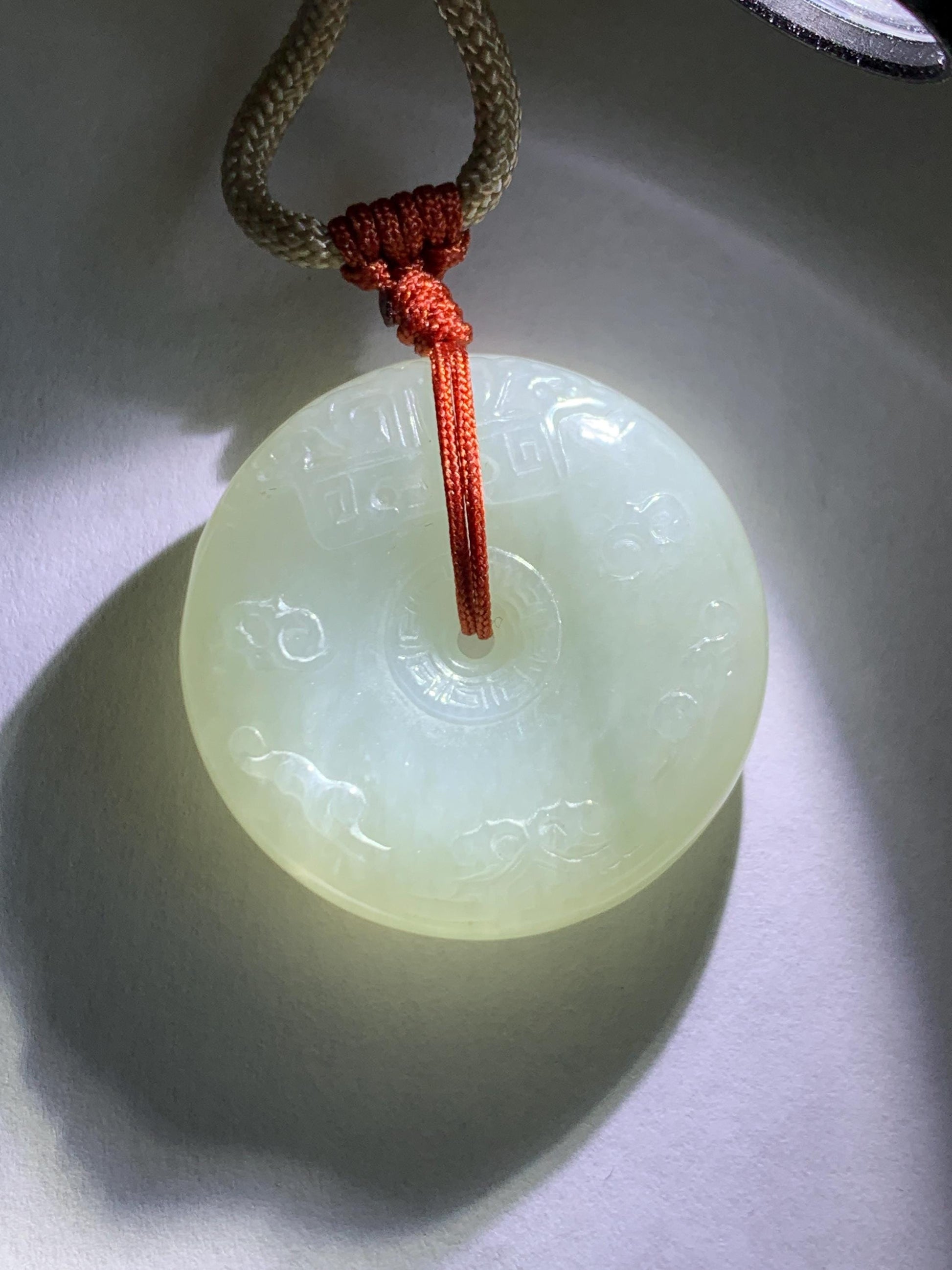 Natural Grade A Icy Translucent Light Beige Jade Jadeite Engraved Ping An Kou Donut Pendant Rope Necklace 24” 19g 天然细糯冰糖黄翡翠仿古雕平安扣项链 MFG360B