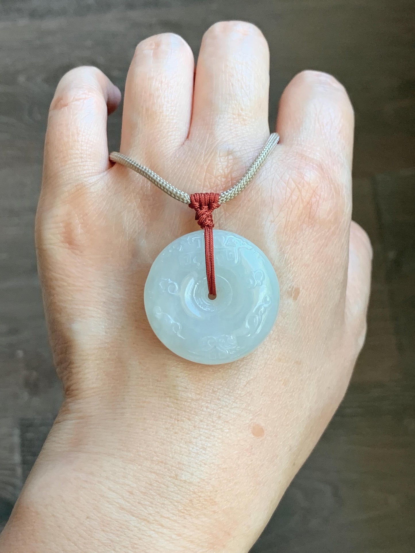 Natural Grade A Icy Translucent Light Beige Jade Jadeite Engraved Ping An Kou Donut Pendant Rope Necklace 24” 19g 天然细糯冰糖黄翡翠仿古雕平安扣项链 MFG360B
