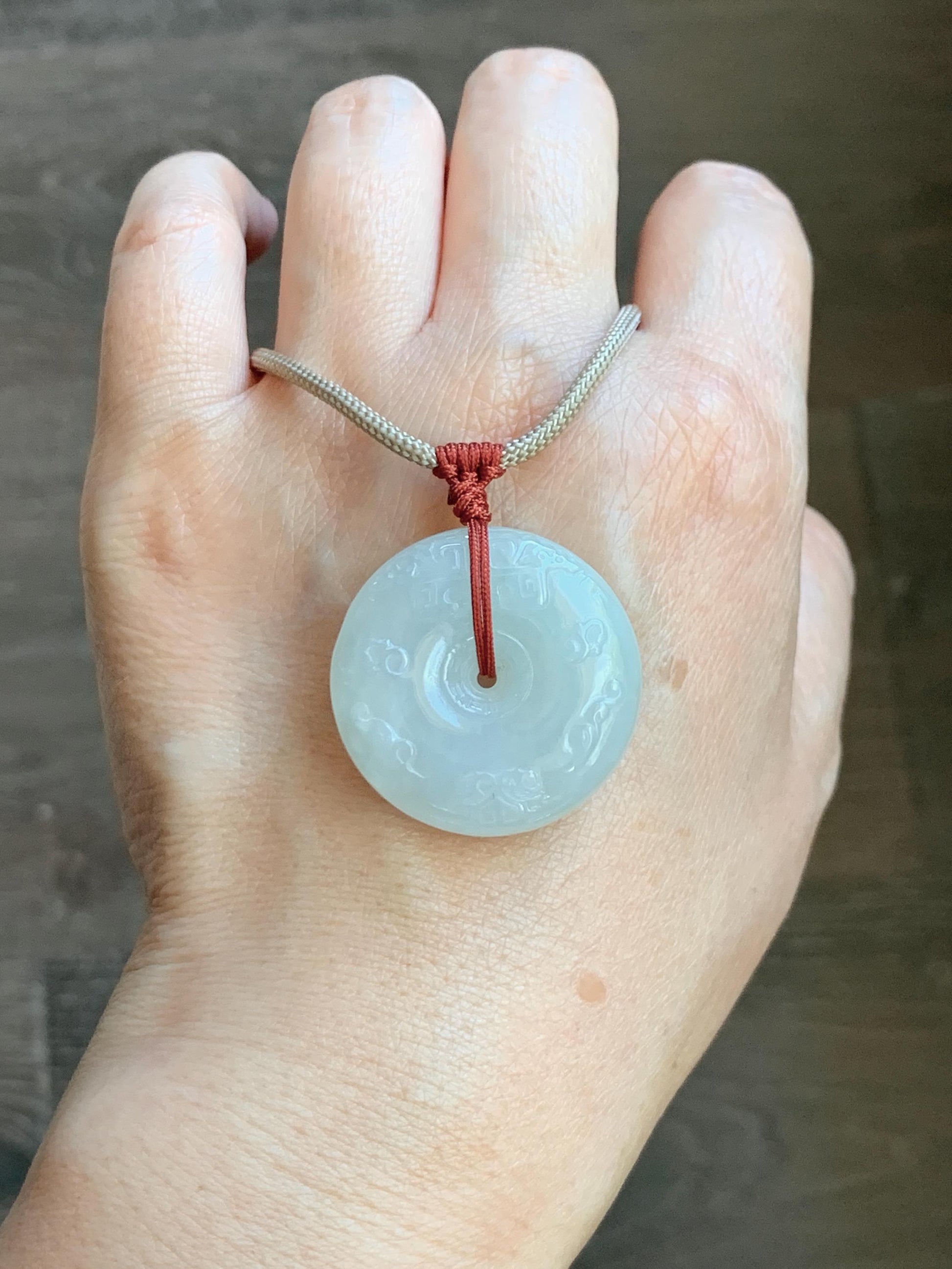 Natural Grade A Icy Translucent Light Beige Jade Jadeite Engraved Ping An Kou Donut Pendant Rope Necklace 24” 19g 天然细糯冰糖黄翡翠仿古雕平安扣项链 MFG360B