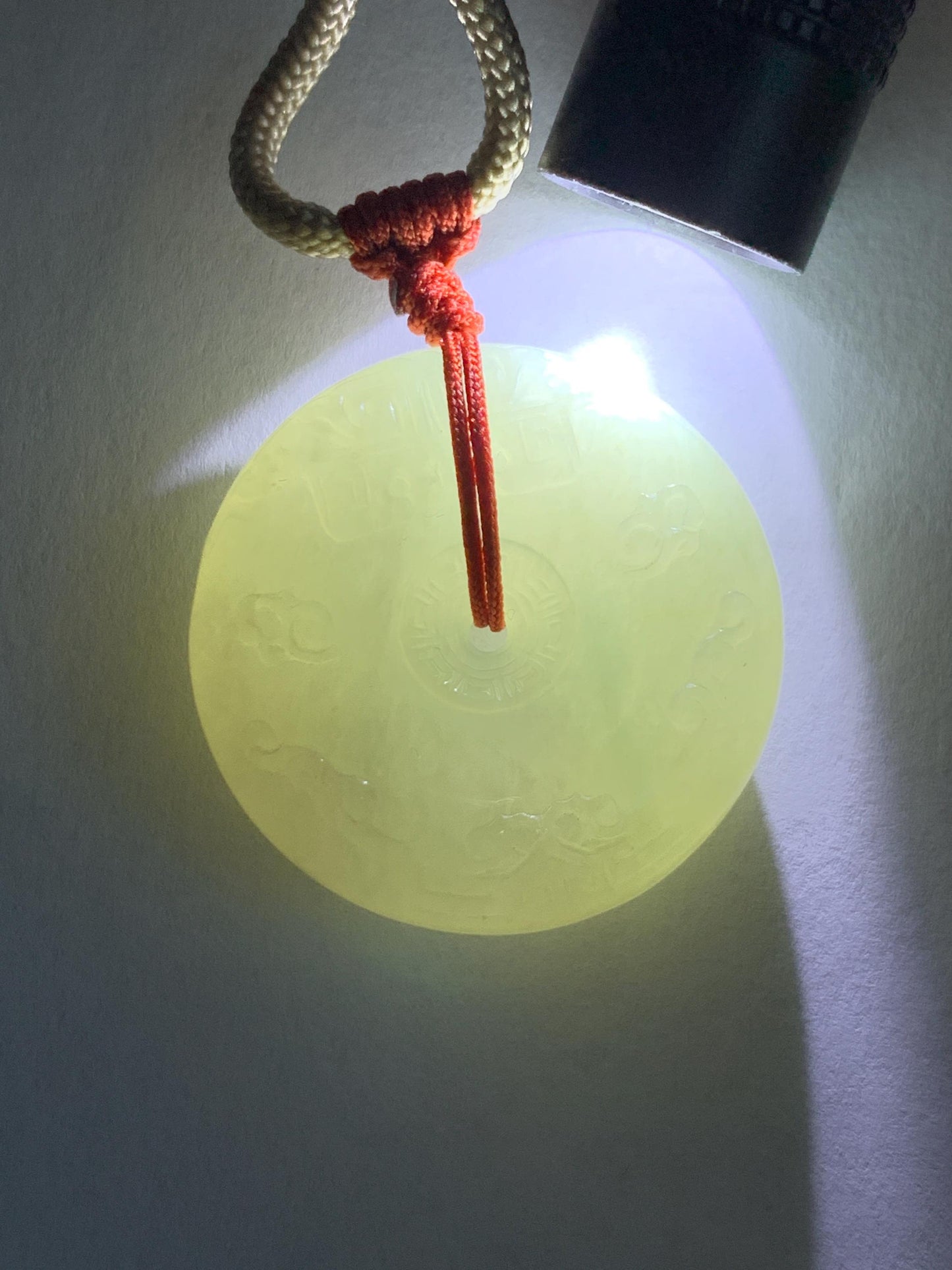 Natural Grade A Icy Translucent Light Beige Jade Jadeite Engraved Ping An Kou Donut Pendant Rope Necklace 24” 19g 天然细糯冰糖黄翡翠仿古雕平安扣项链 MFG360B