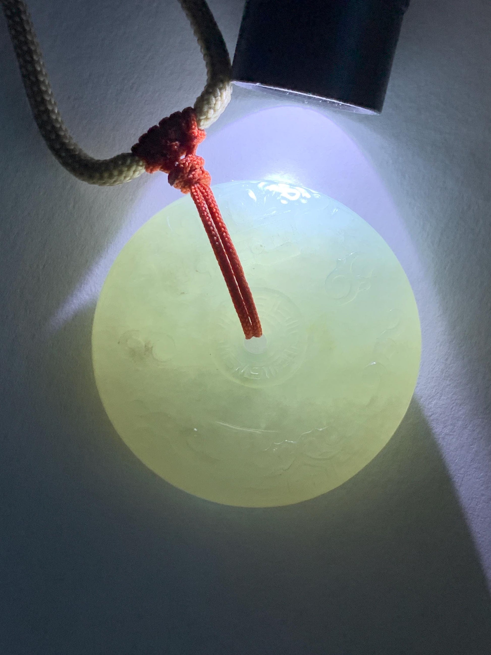 Natural Grade A Icy Translucent Light Beige Jade Jadeite Engraved Ping An Kou Donut Pendant Rope Necklace 24” 18g 天然细糯冰糖黄翡翠仿古雕平安扣项链 MFG360A