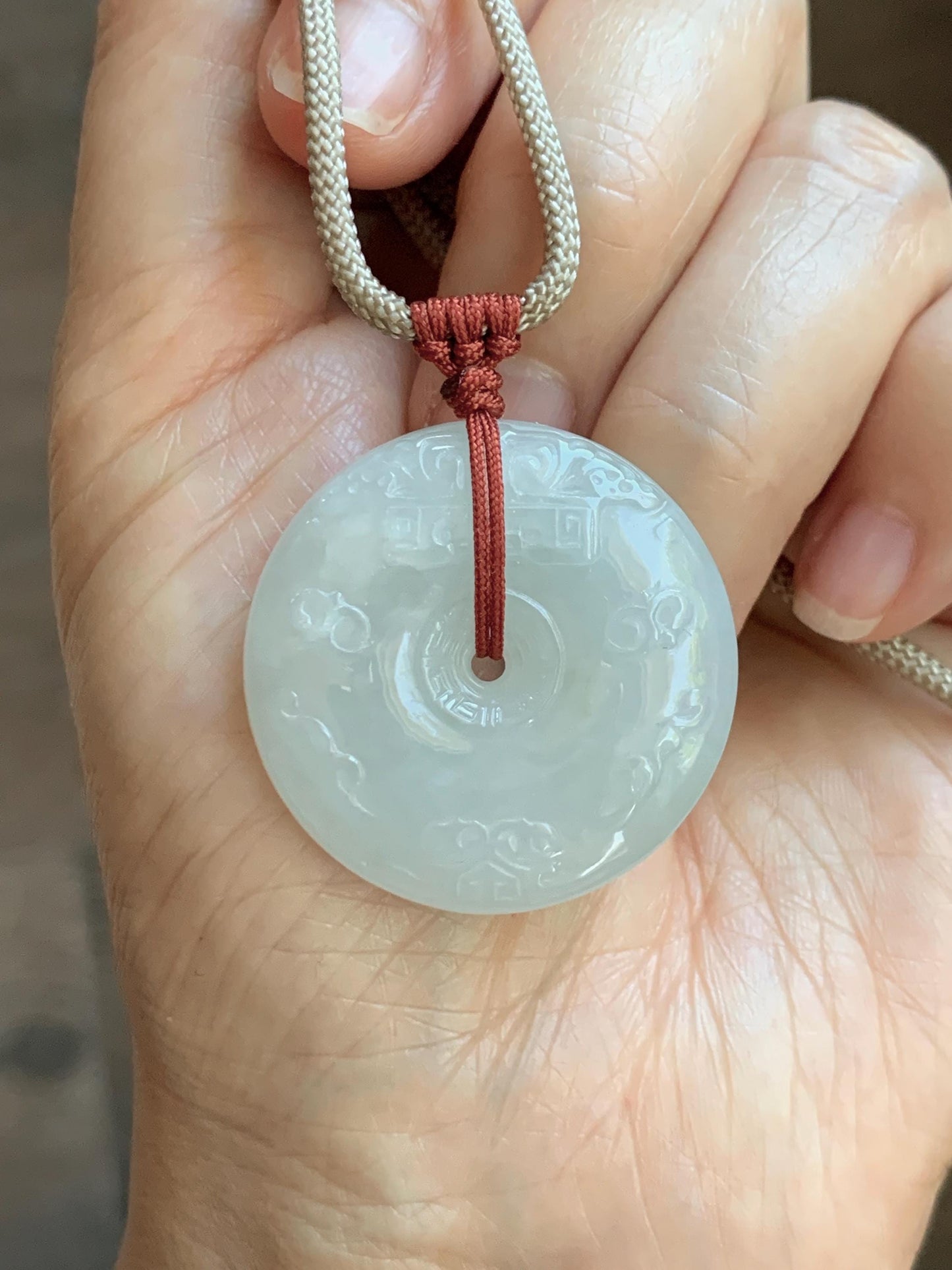 Natural Grade A Icy Translucent Light Beige Jade Jadeite Engraved Ping An Kou Donut Pendant Rope Necklace 24” 18g 天然细糯冰糖黄翡翠仿古雕平安扣项链 MFG360A
