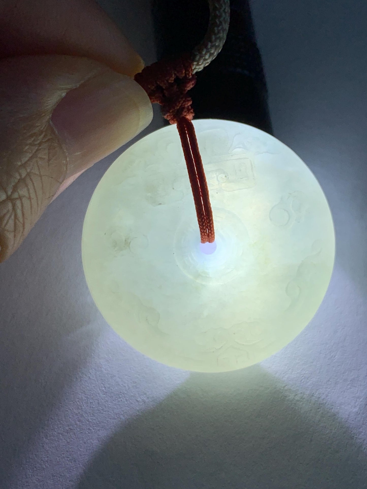 Natural Grade A Icy Translucent Light Beige Jade Jadeite Engraved Ping An Kou Donut Pendant Rope Necklace 24” 18g 天然细糯冰糖黄翡翠仿古雕平安扣项链 MFG360A