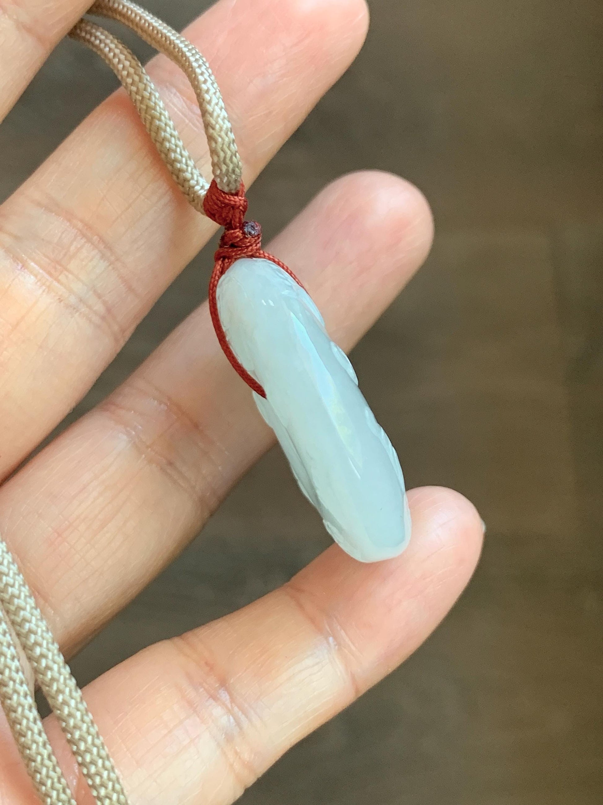 Natural Grade A Icy Translucent Light Beige Jade Jadeite Engraved Ping An Kou Donut Pendant Rope Necklace 24” 18g 天然细糯冰糖黄翡翠仿古雕平安扣项链 MFG360A