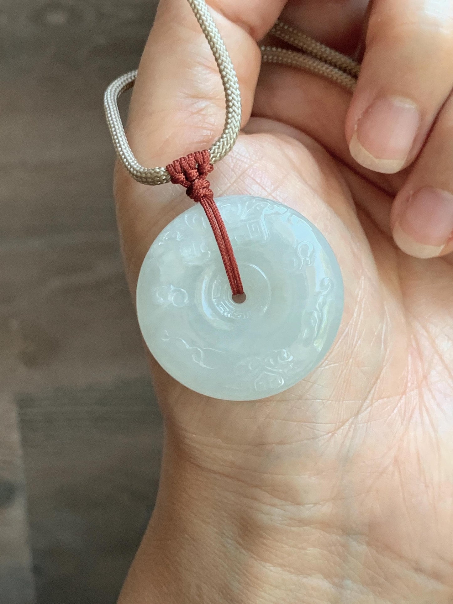 Natural Grade A Icy Translucent Light Beige Jade Jadeite Engraved Ping An Kou Donut Pendant Rope Necklace 24” 18g 天然细糯冰糖黄翡翠仿古雕平安扣项链 MFG360A