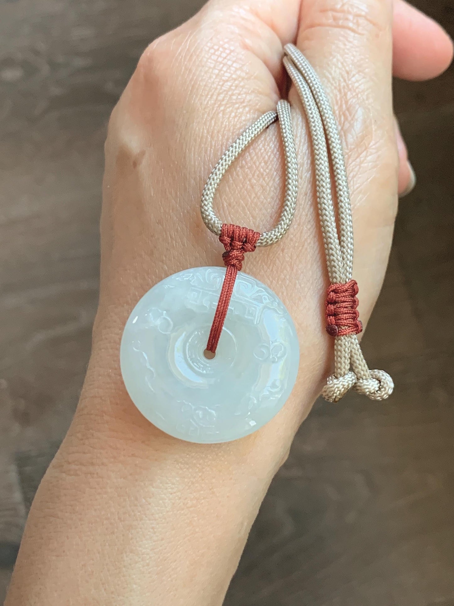 Natural Grade A Icy Translucent Light Beige Jade Jadeite Engraved Ping An Kou Donut Pendant Rope Necklace 24” 18g 天然细糯冰糖黄翡翠仿古雕平安扣项链 MFG360A