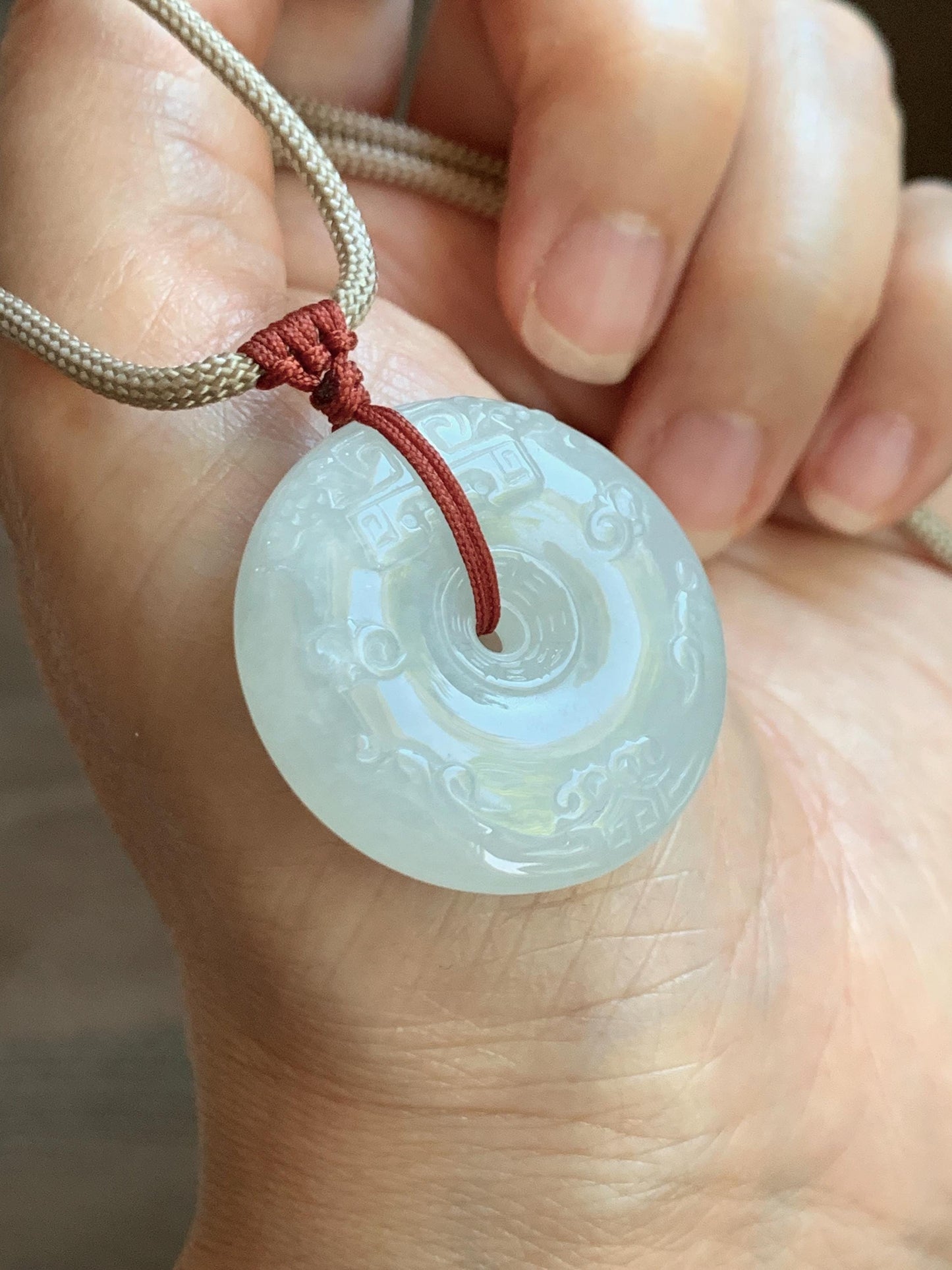 Natural Grade A Icy Translucent Light Beige Jade Jadeite Engraved Ping An Kou Donut Pendant Rope Necklace 24” 18g 天然细糯冰糖黄翡翠仿古雕平安扣项链 MFG360A