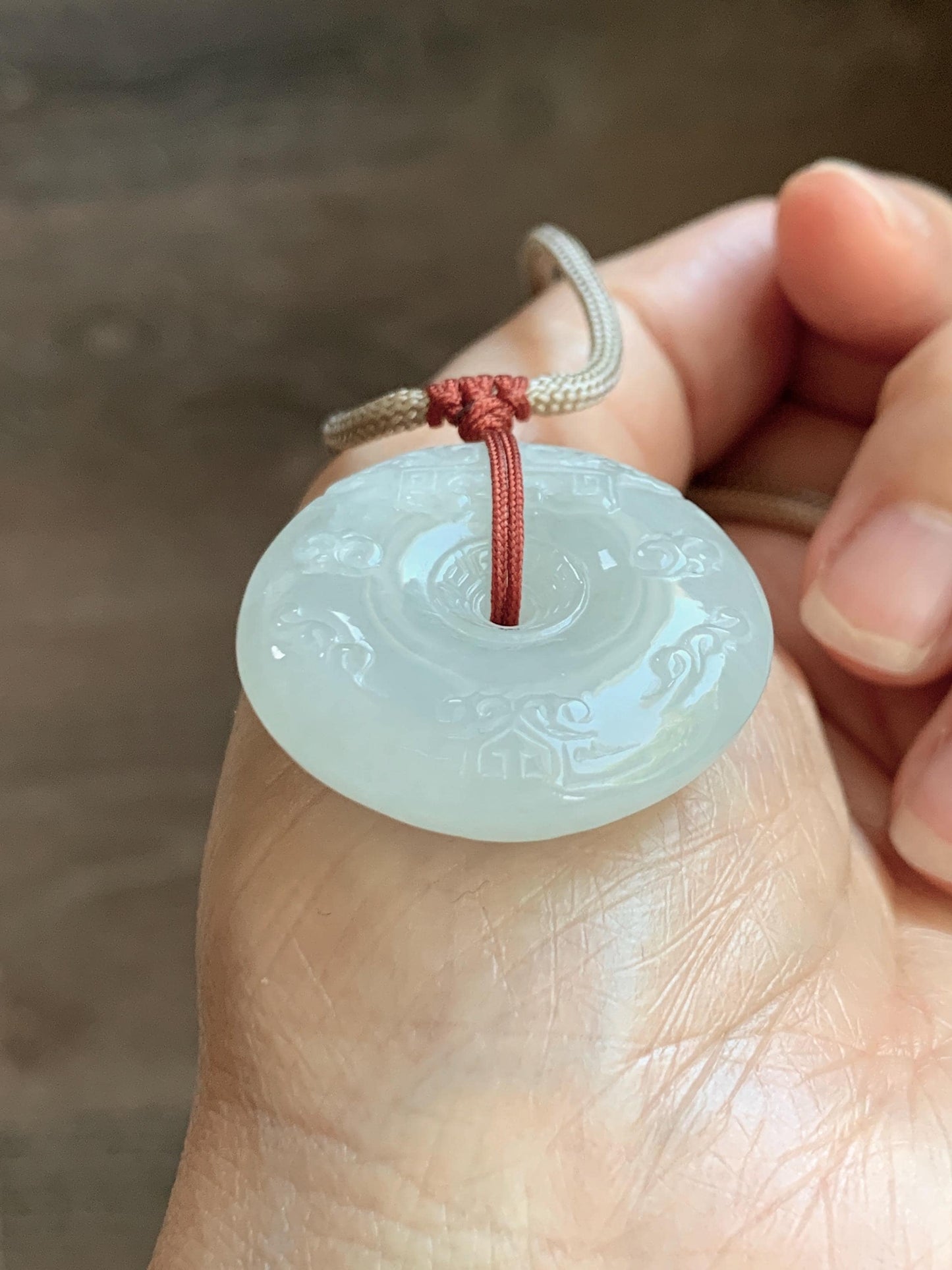 Natural Grade A Icy Translucent Light Beige Jade Jadeite Engraved Ping An Kou Donut Pendant Rope Necklace 24” 18g 天然细糯冰糖黄翡翠仿古雕平安扣项链 MFG360A