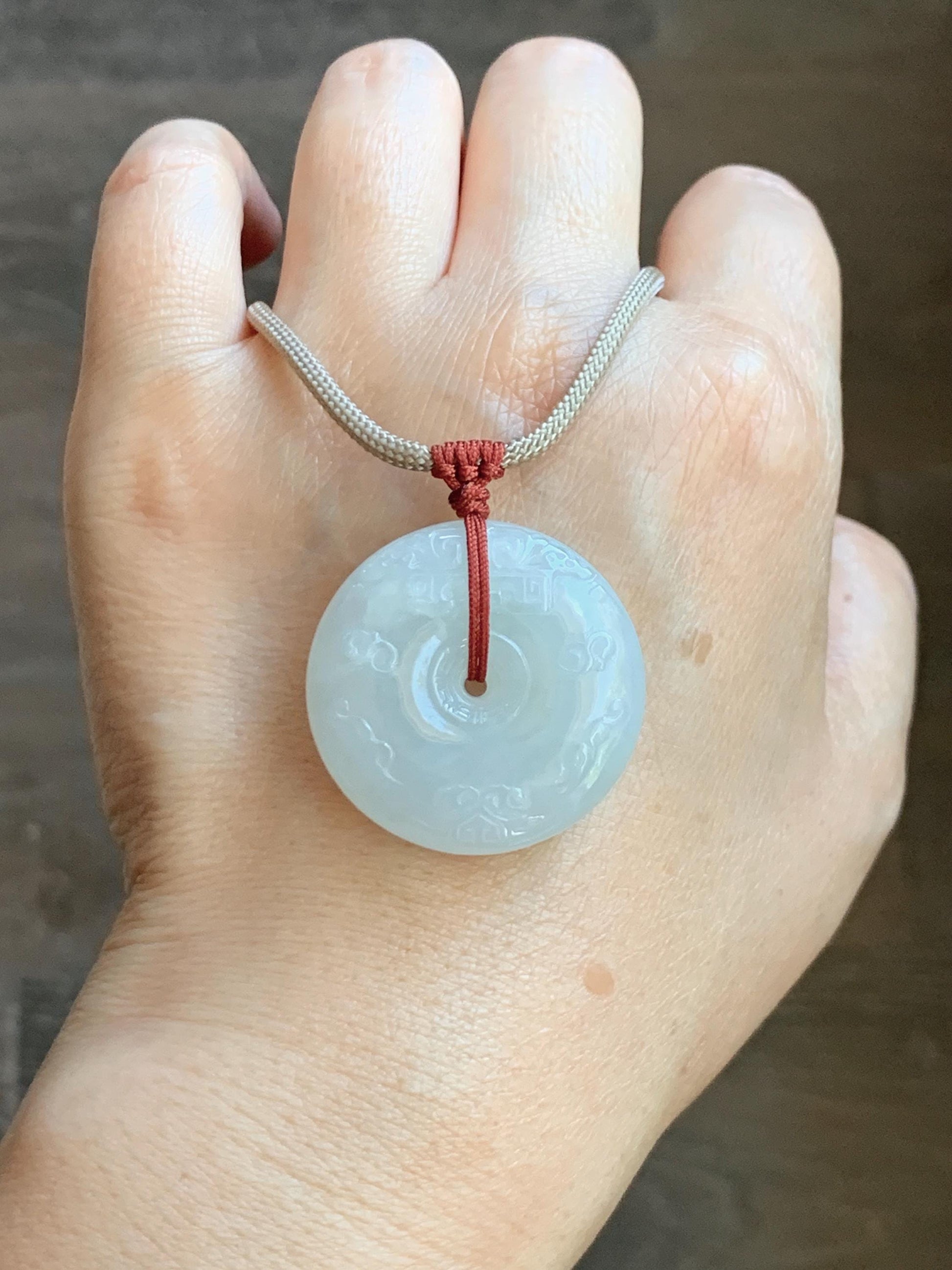 Natural Grade A Icy Translucent Light Beige Jade Jadeite Engraved Ping An Kou Donut Pendant Rope Necklace 24” 18g 天然细糯冰糖黄翡翠仿古雕平安扣项链 MFG360A