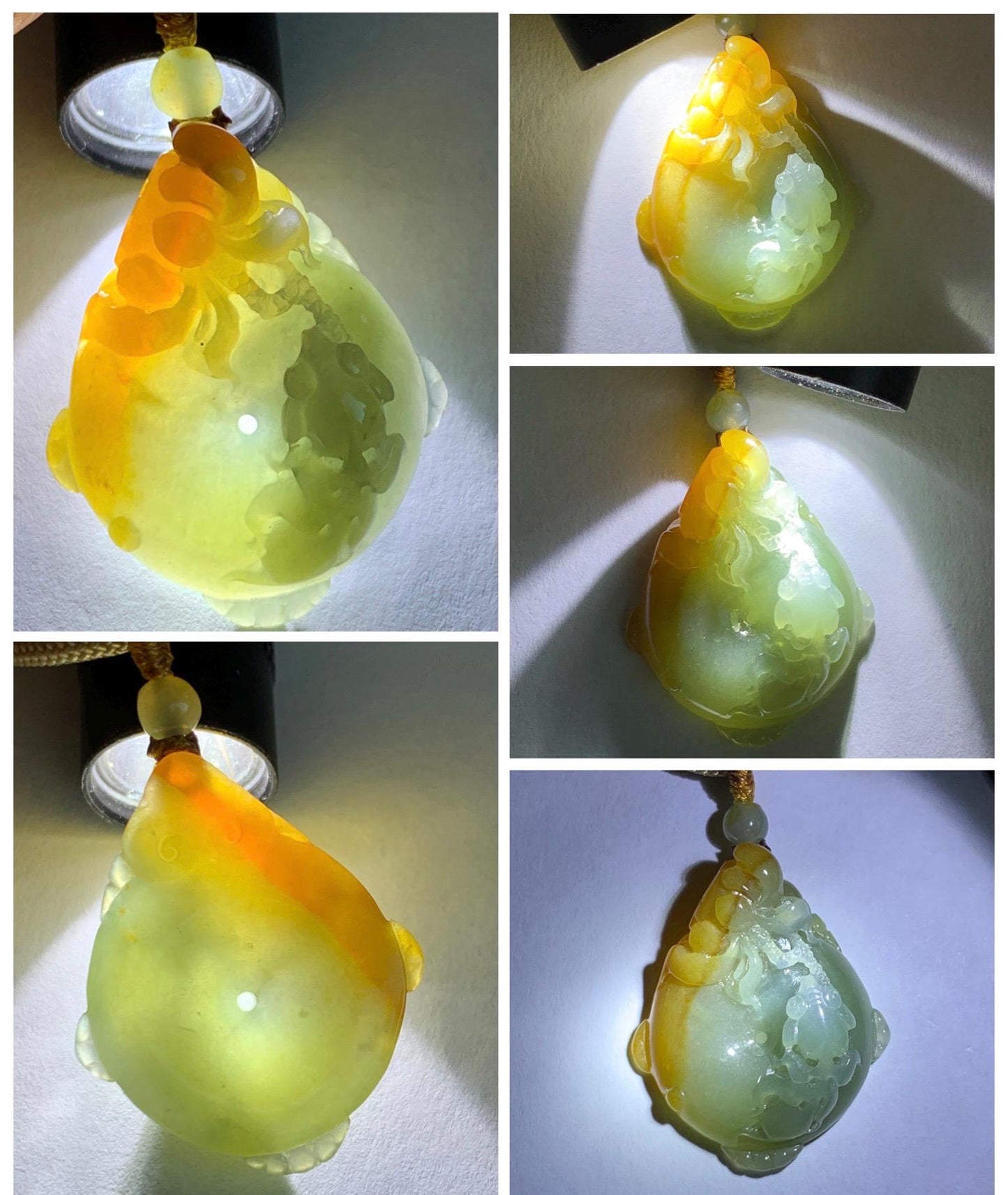 Certified Natural Grade A Icy Translucent Bicolored Jade Jadeite Lotus & Goldfish Ping An Kou Donut Pendant Rope Necklace 天然冰胶翡翠莲花鱼平安扣吊坠 449
