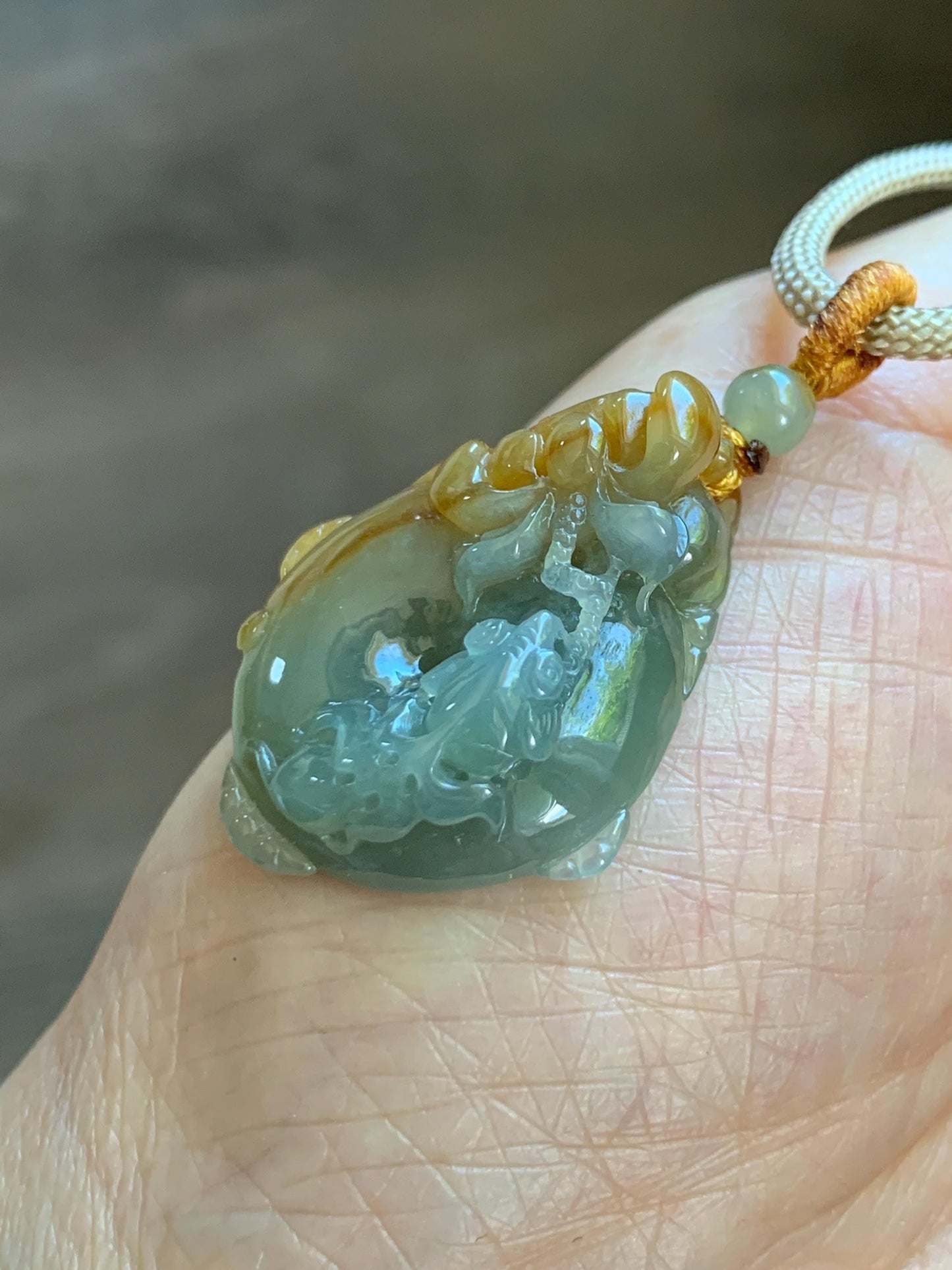 Certified Natural Grade A Icy Translucent Bicolored Jade Jadeite Lotus & Goldfish Ping An Kou Donut Pendant Rope Necklace 天然冰胶翡翠莲花鱼平安扣吊坠 449